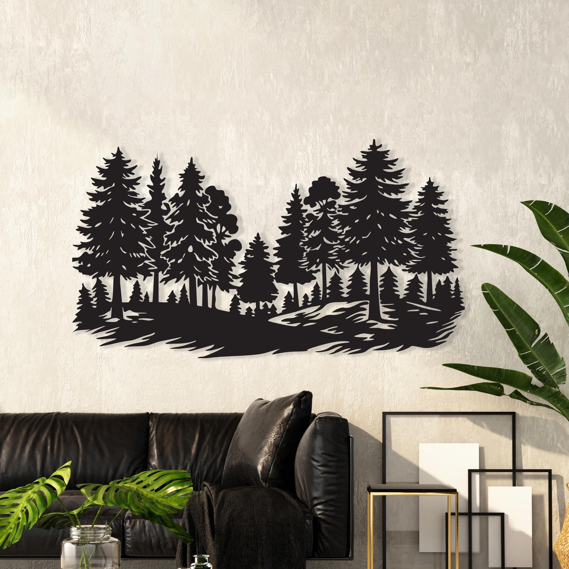 Pine Forest Metal Wall Art, Black Steel Evergreen Tree Silhouette Modern Cabin Decor | Wallsignature