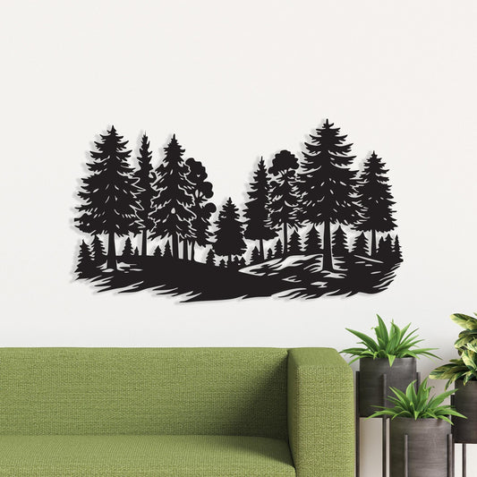 Pine Forest Metal Wall Art, Black Steel Evergreen Tree Silhouette Modern Cabin Decor | Wallsignature