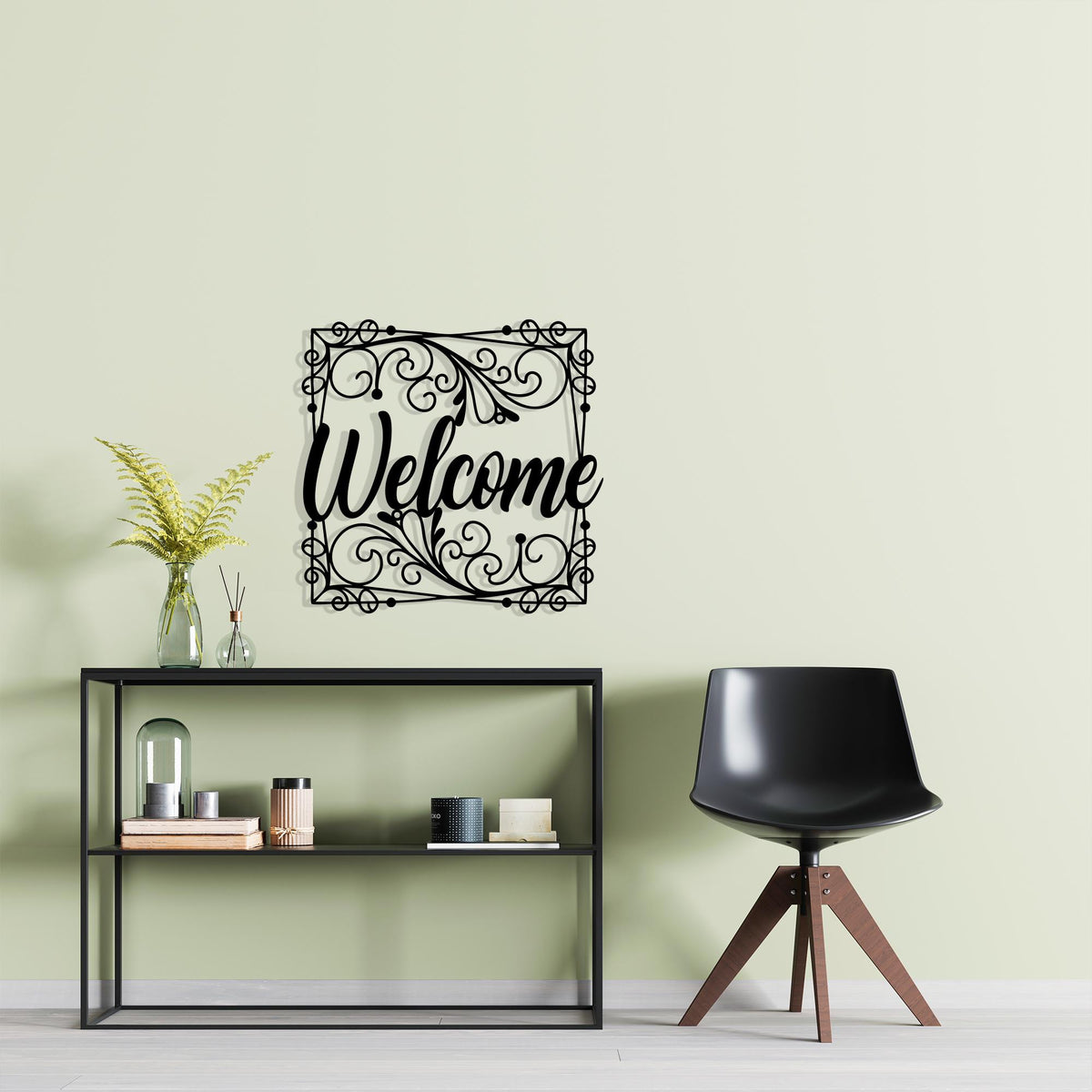 Ornate Metal Welcome Sign in a modern hallway