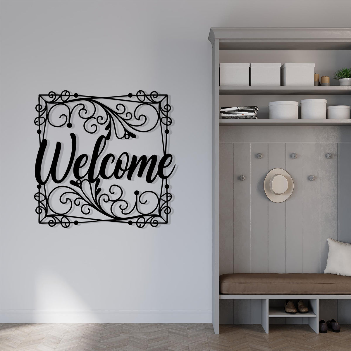 Ornate Metal Welcome Sign hanging hardware and mounting detail