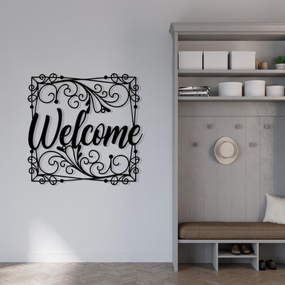 Ornate Metal Welcome Sign hanging hardware and mounting detail
