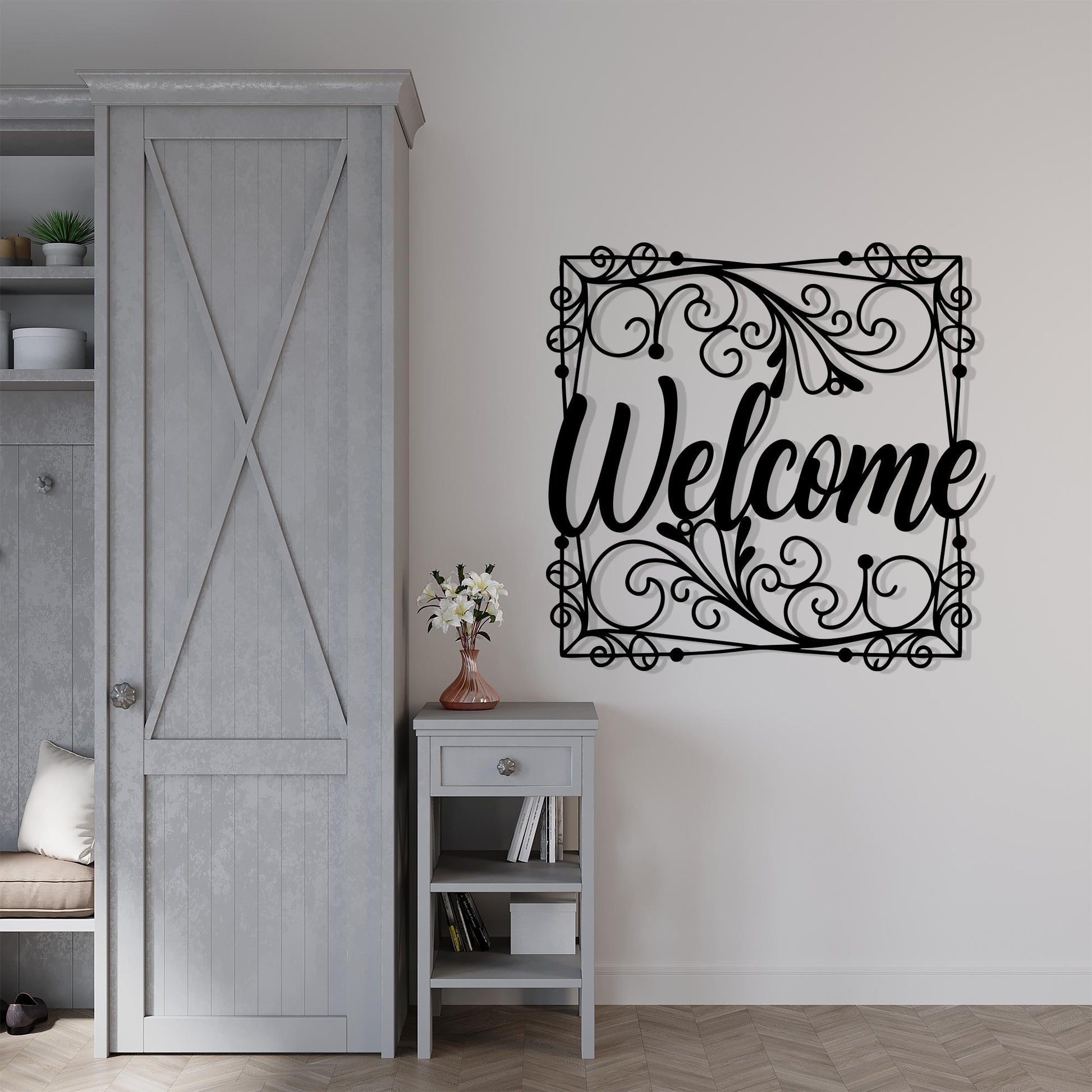 Ornate Metal Welcome Sign bedroom interior styling