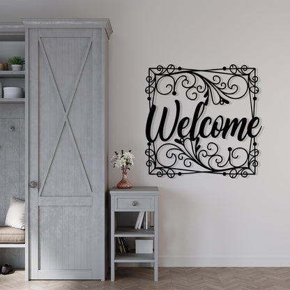 Ornate Metal Welcome Sign bedroom interior styling