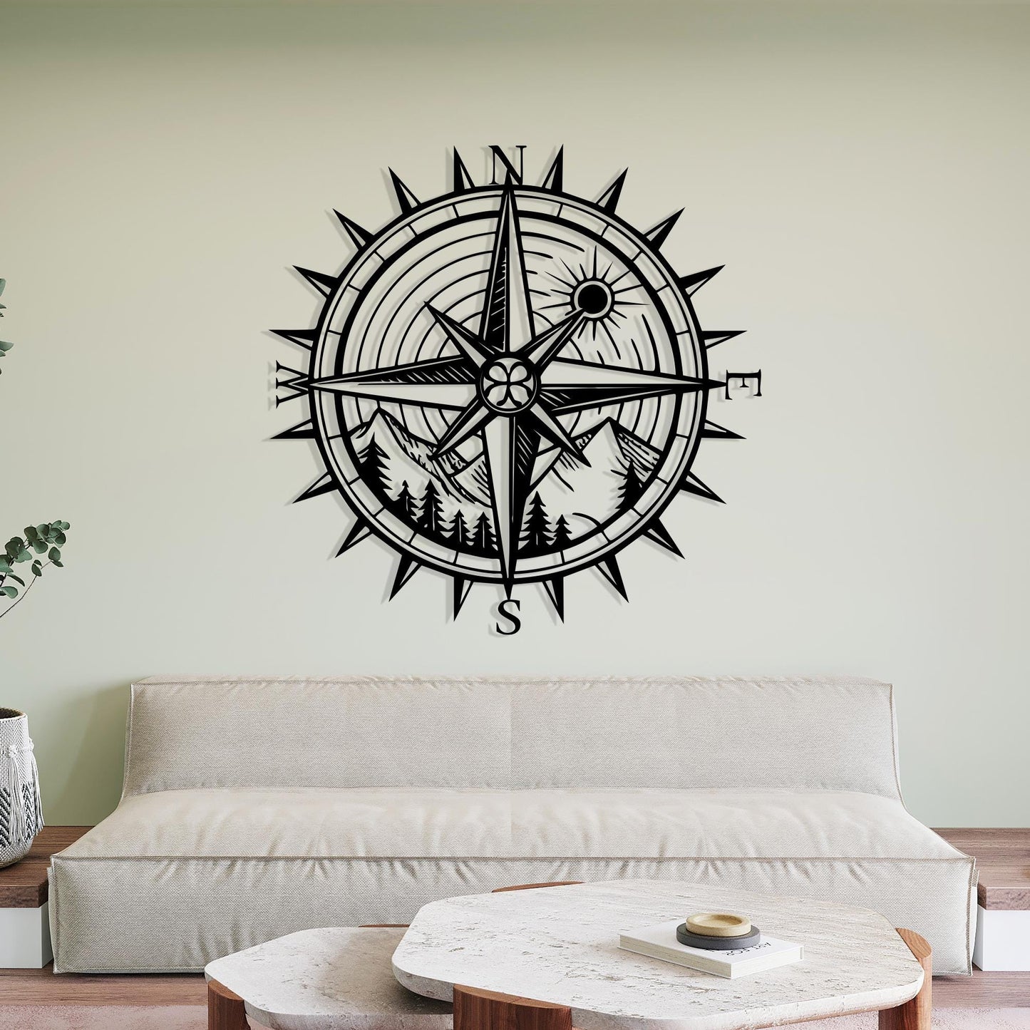 Compass Metal Wall Art in a modern hallway