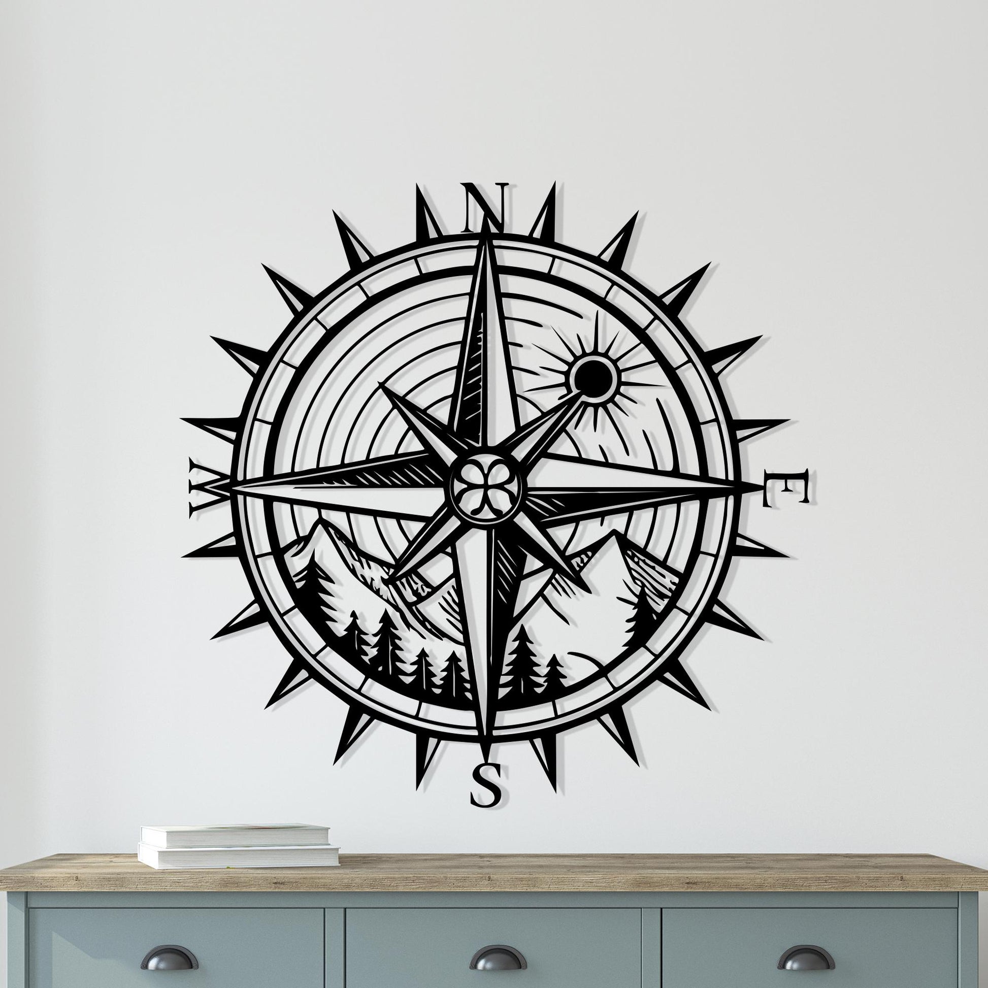 Compass Metal Wall Art, Mountain Forest Nature Decor, Adventure Traveler Gift, Large Compass Rose | Wallsignature
