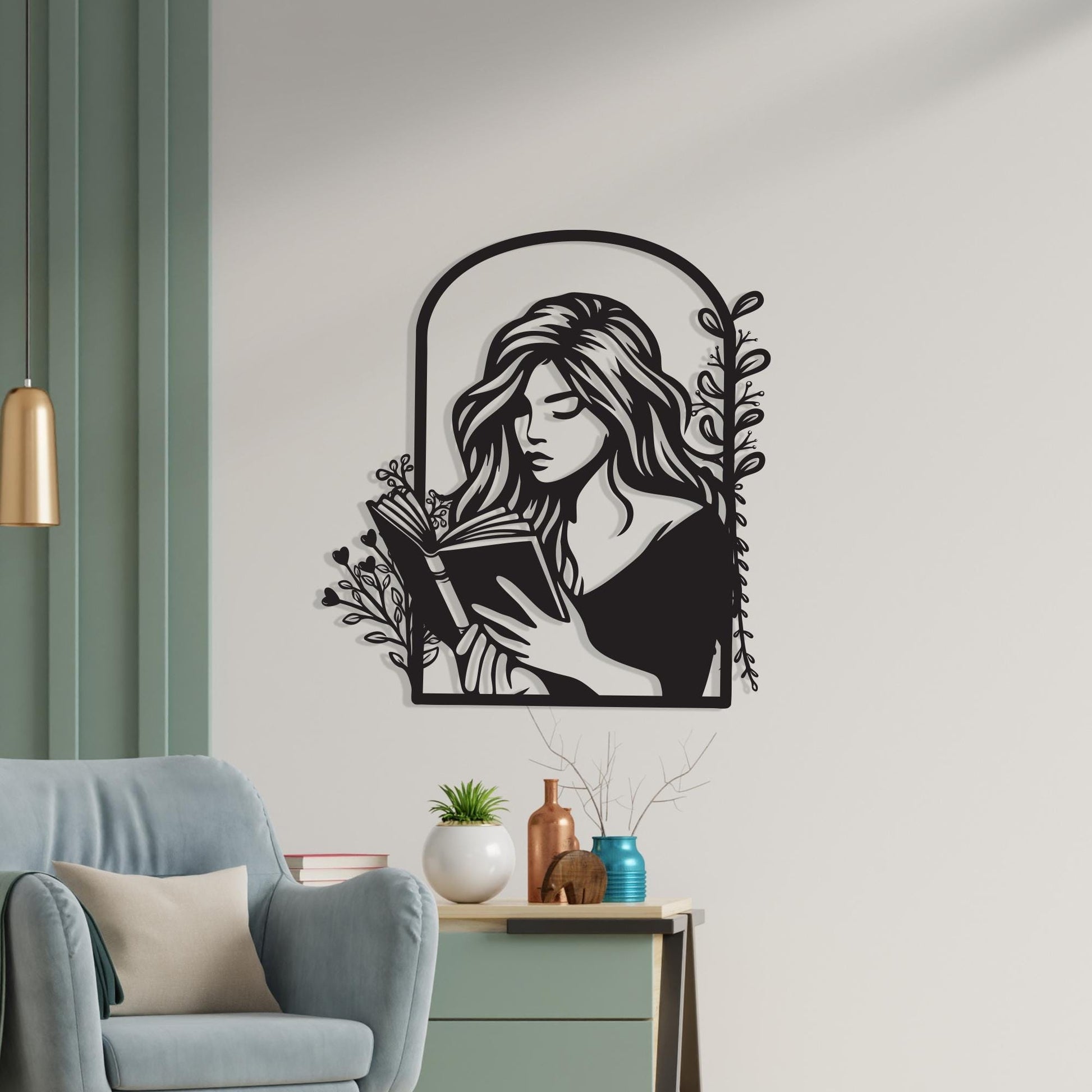 Woman Reading Metal Wall Art – Minimalist Steel Line Art Decor | Wallsignature