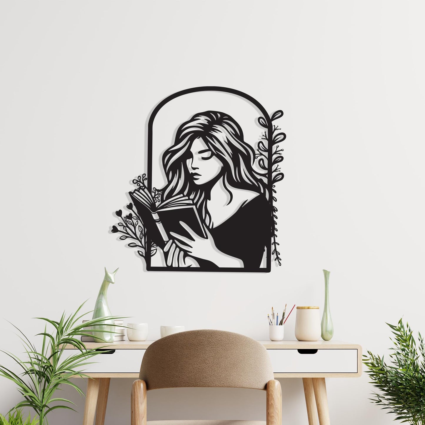 Woman Reading Metal Wall Art – Minimalist Steel Line Art Decor | Wallsignature