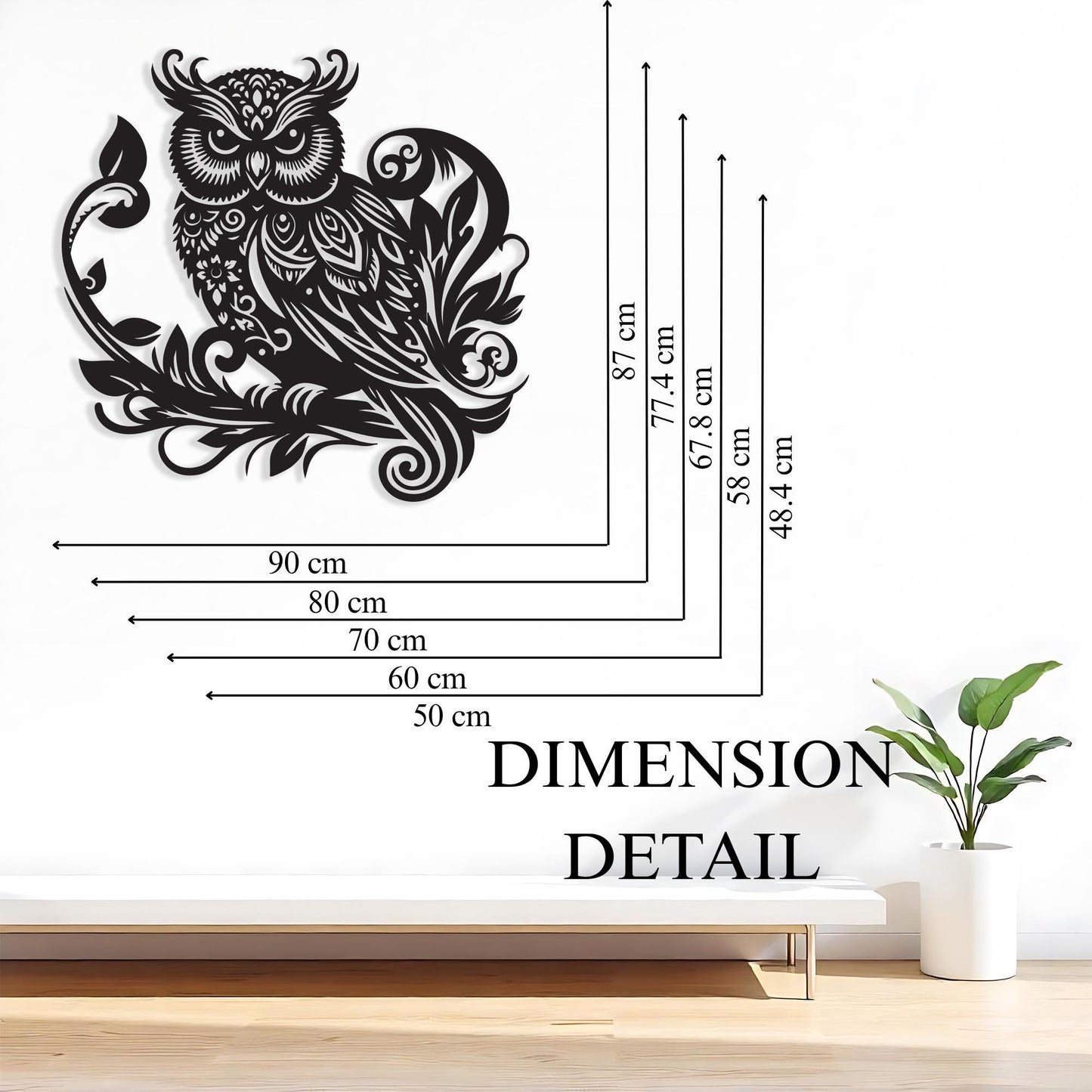Black Metal Owl Wall Art styled above a sofa