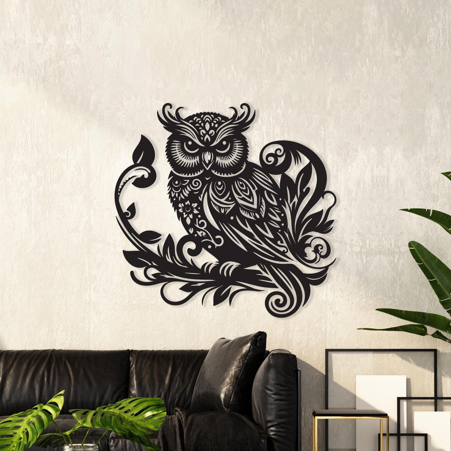 Black Metal Owl Wall Art size guide with dimensions in cm and inches
