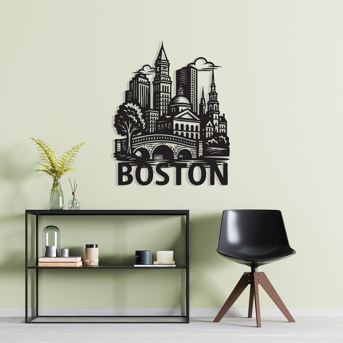Boston Skyline Metal Wall Art in a modern hallway