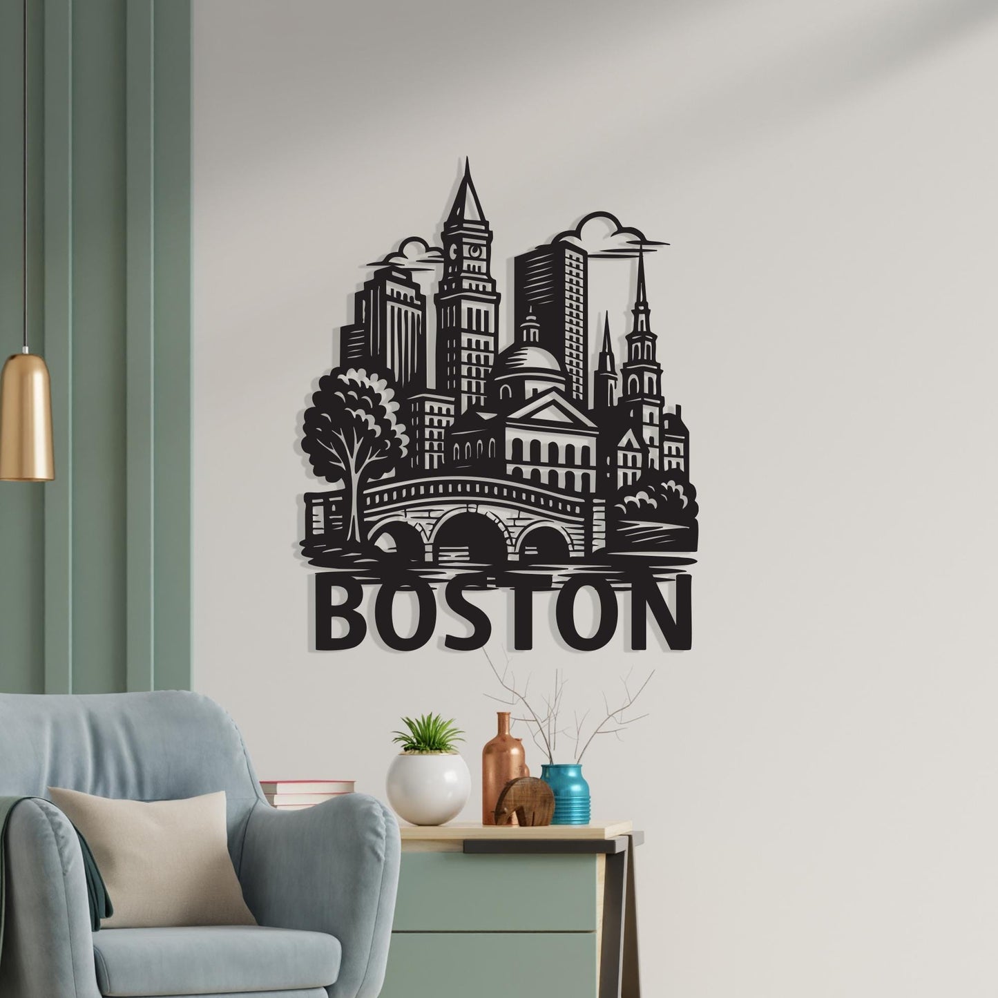 Boston Skyline Metal Wall Art size guide with dimensions in cm and inches