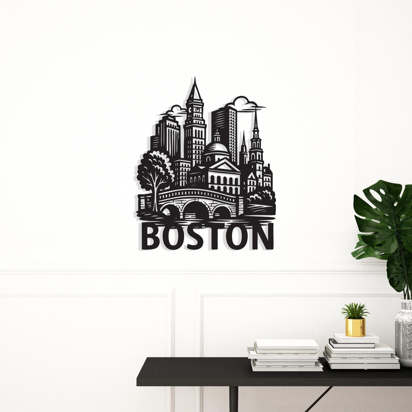 Boston Skyline Metal Wall Art hanging hardware and mounting detail