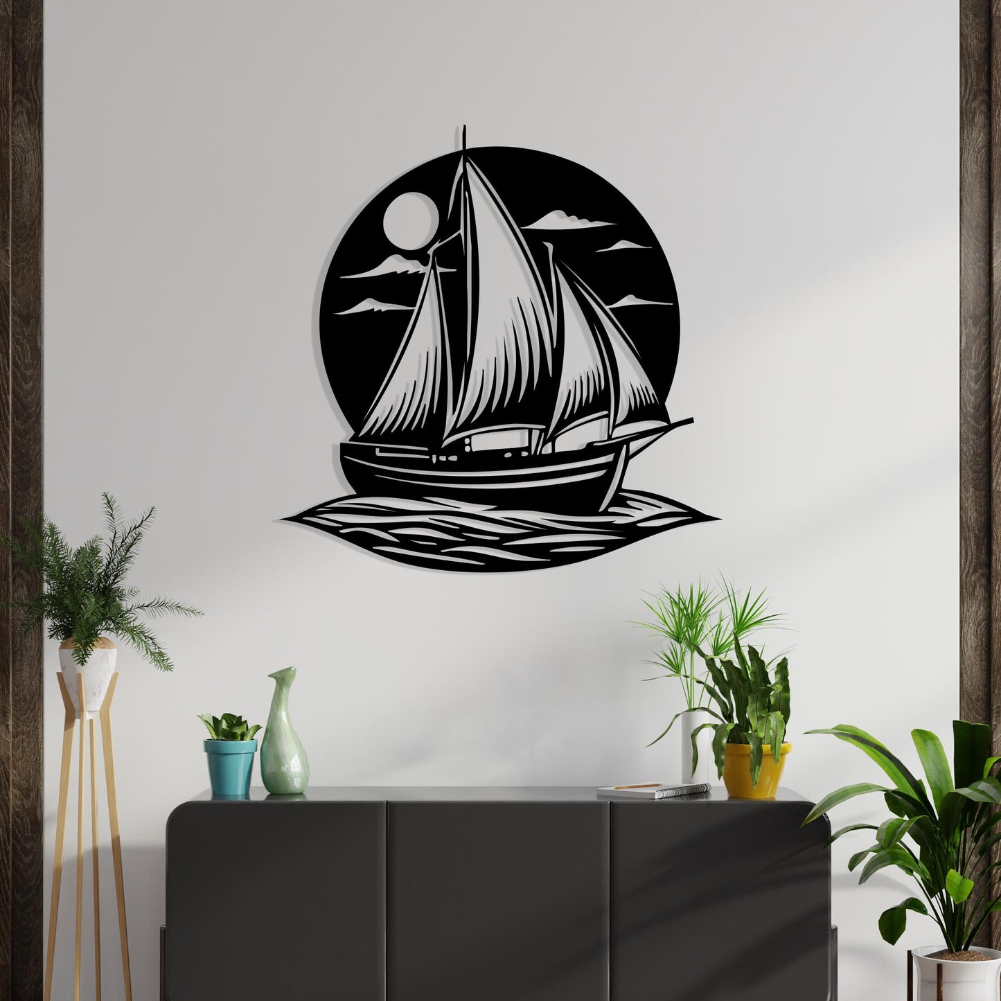 Sailboat Metal Wall Art in a modern hallway