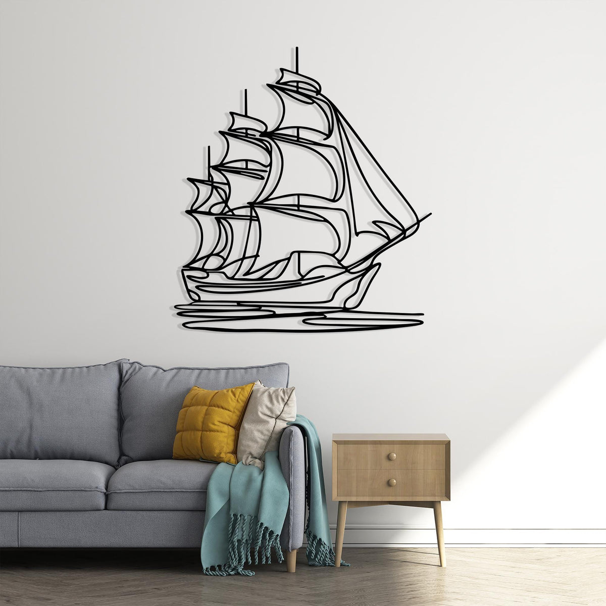Minimalist Sailboat Metal Wall Art hanging hardware and mounting detail