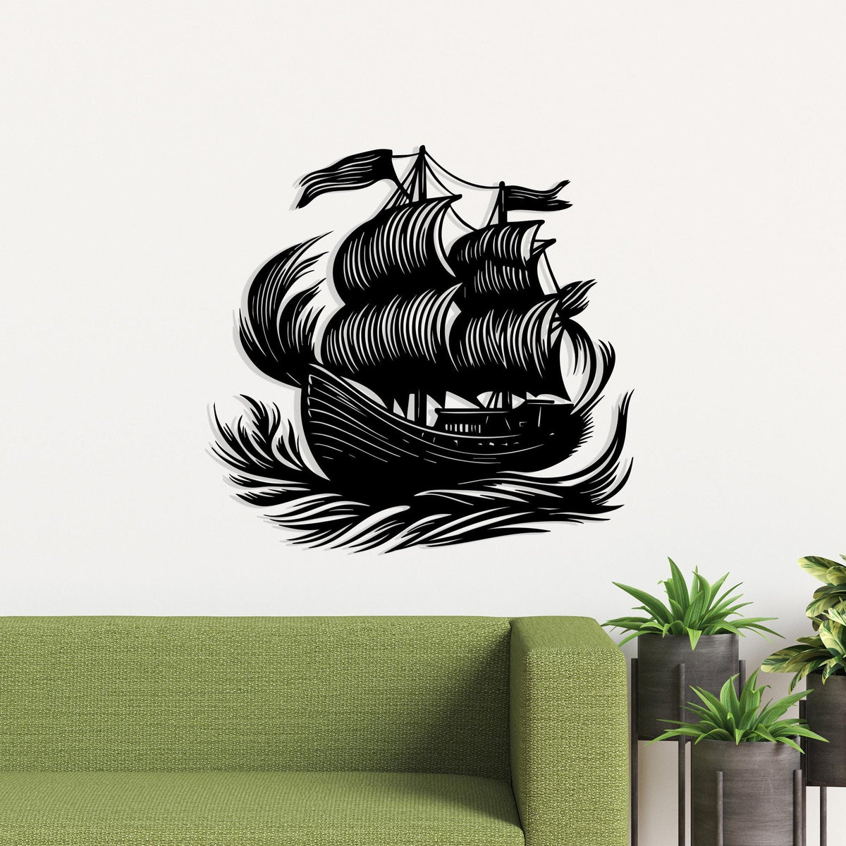 Pirate Ship Metal Wall Art in a modern hallway