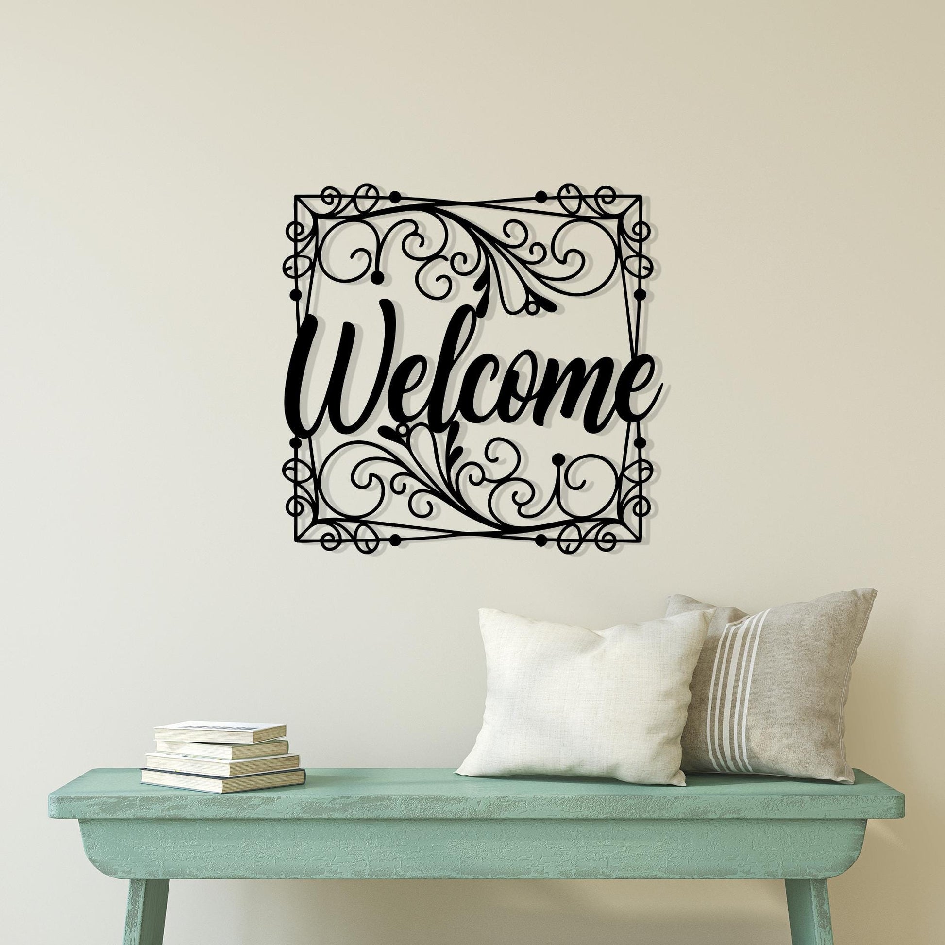Ornate Metal Welcome Sign, Black Steel Entryway Wall Decor | Wallsignature