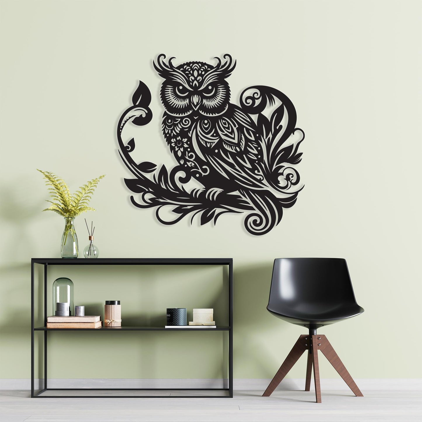 Black Metal Owl Wall Art hanging hardware and mounting detail