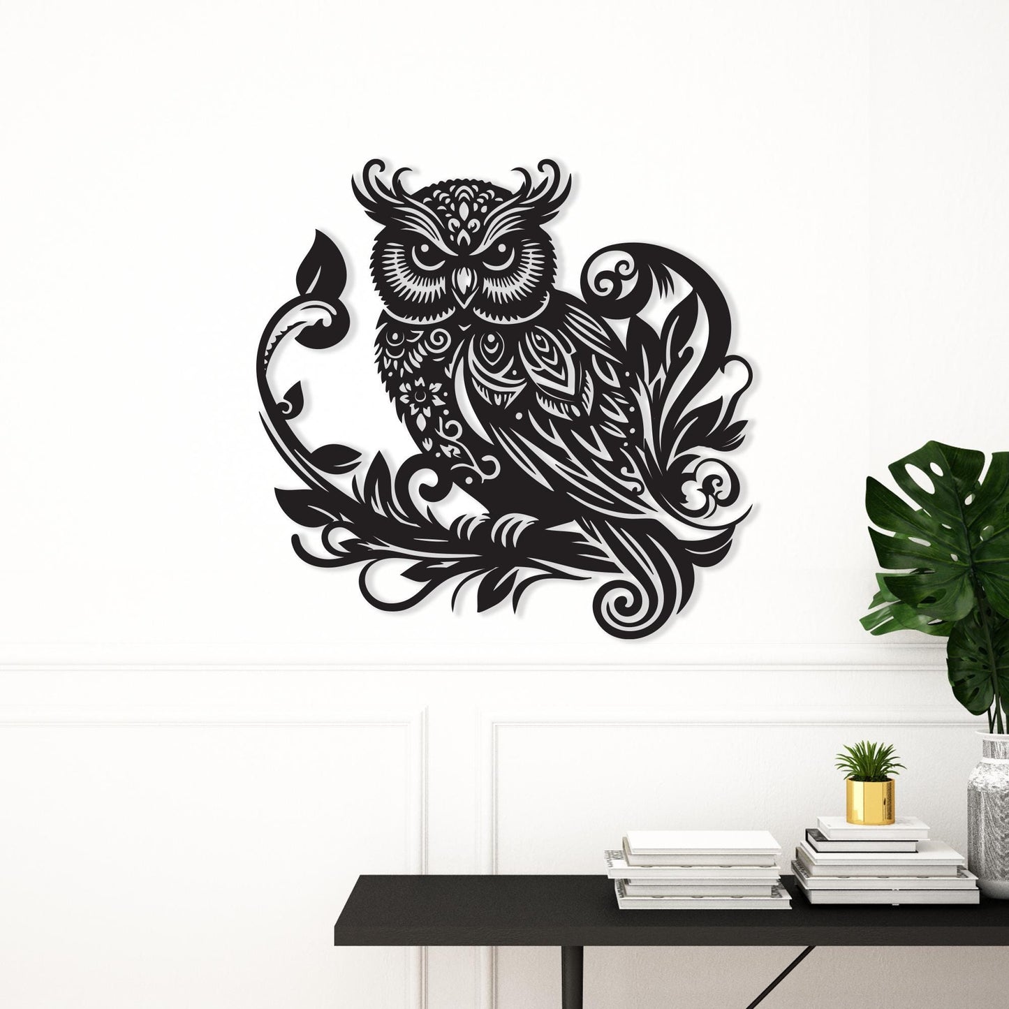 Black Metal Owl Wall Art, Mandala Design, Laser Cut Iron Sculpture, Boho Decor | Wallsignature