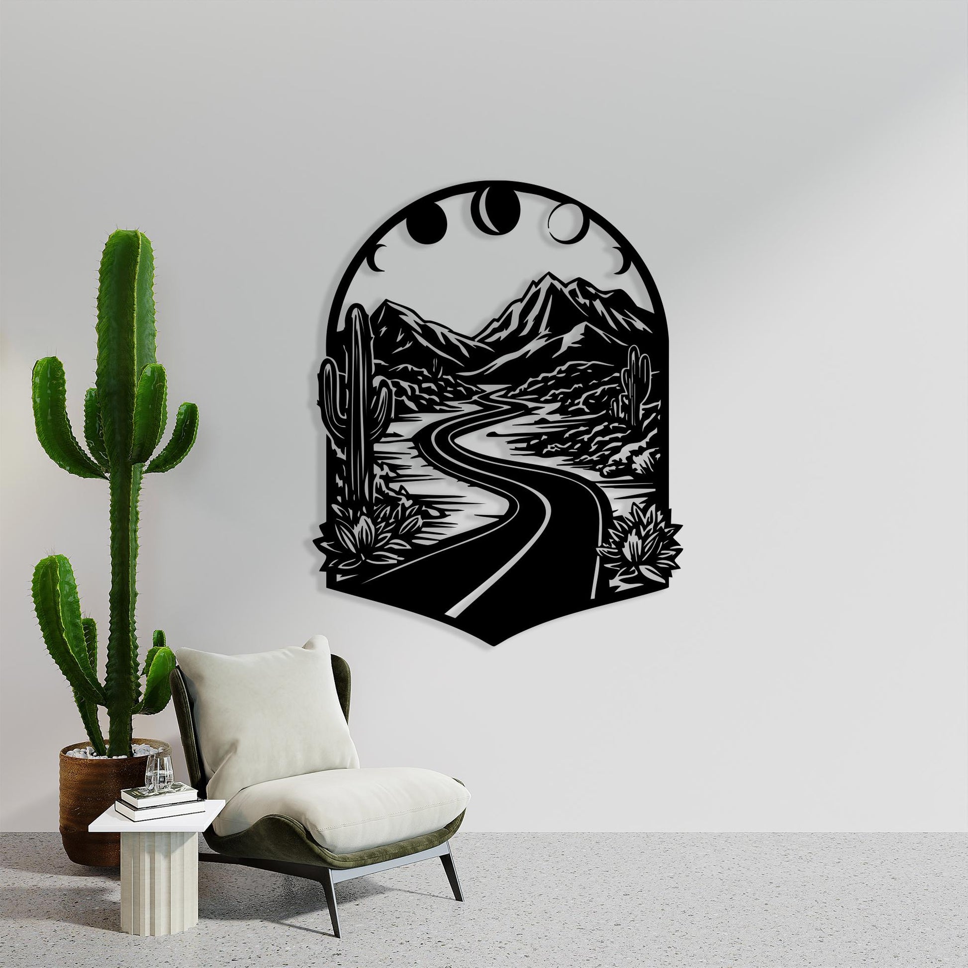 Boho Mountain Road Metal Wall Art, Moon Phases Desert Landscape, Mother's Day | Wallsignature