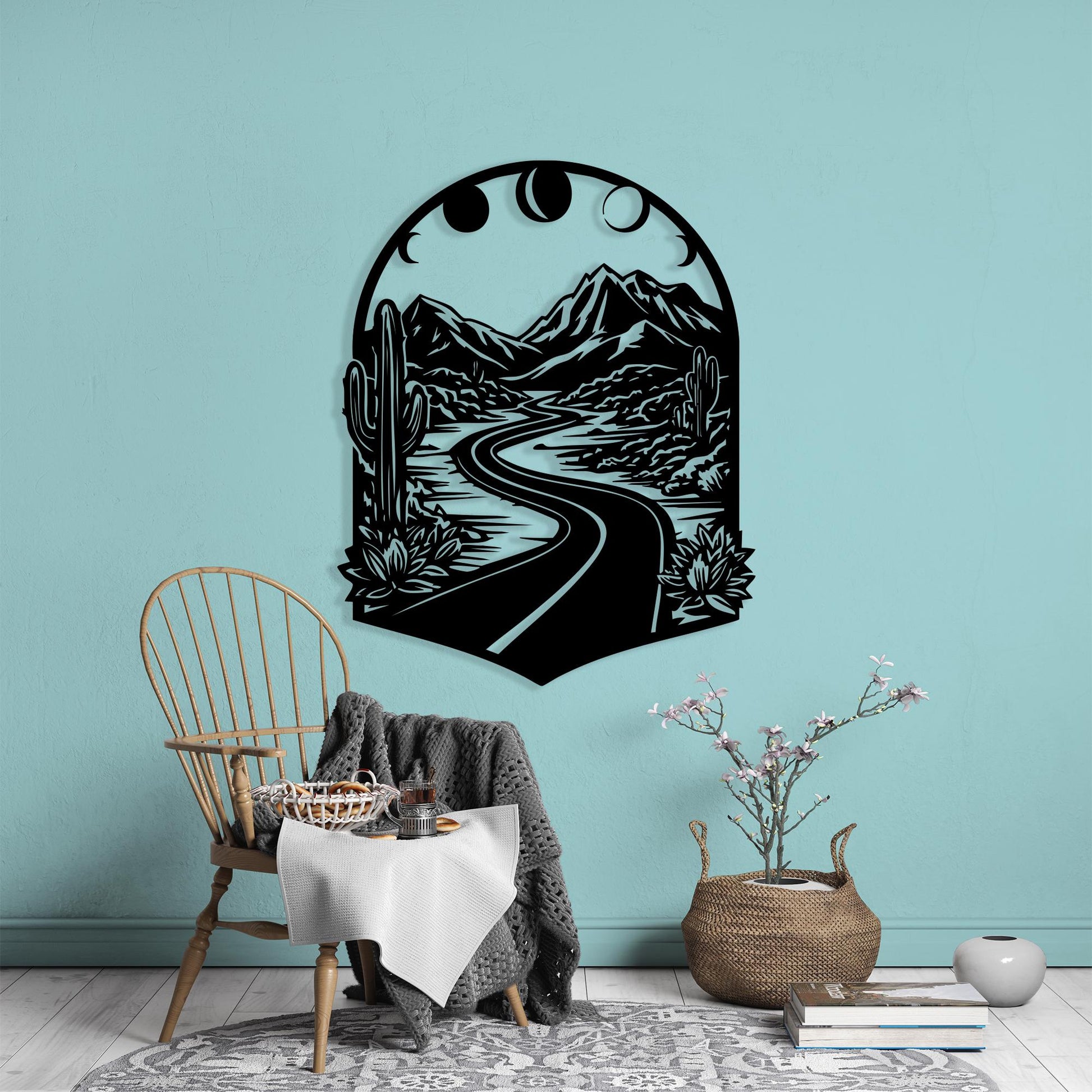 Boho Mountain Road Metal Wall Art in a modern hallway