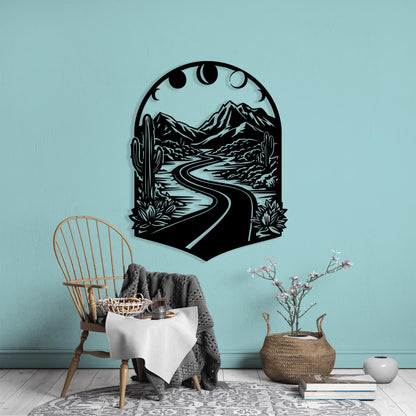 Boho Mountain Road Metal Wall Art in a modern hallway