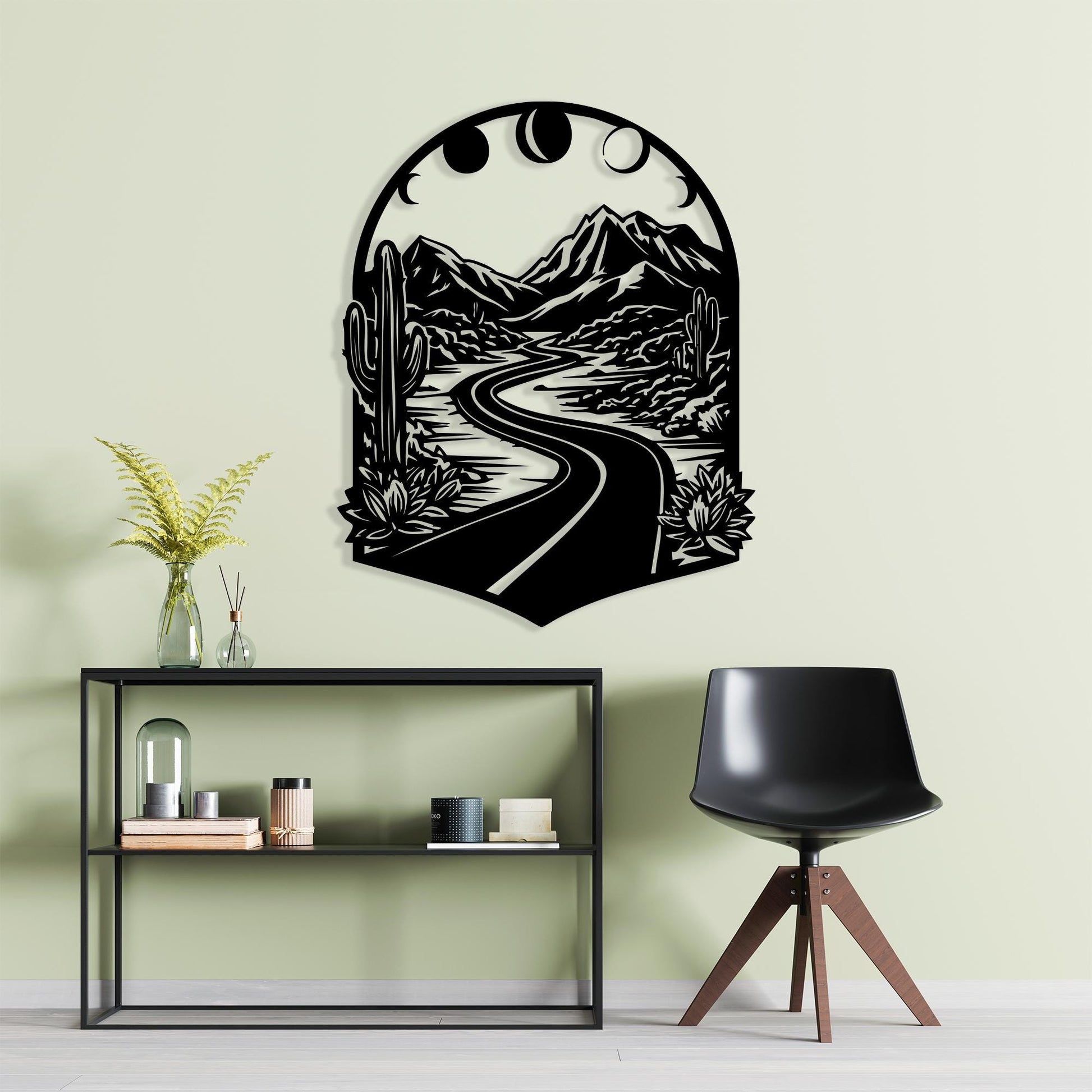 Boho Mountain Road Metal Wall Art, Moon Phases Desert Landscape, Mother's Day | Wallsignature