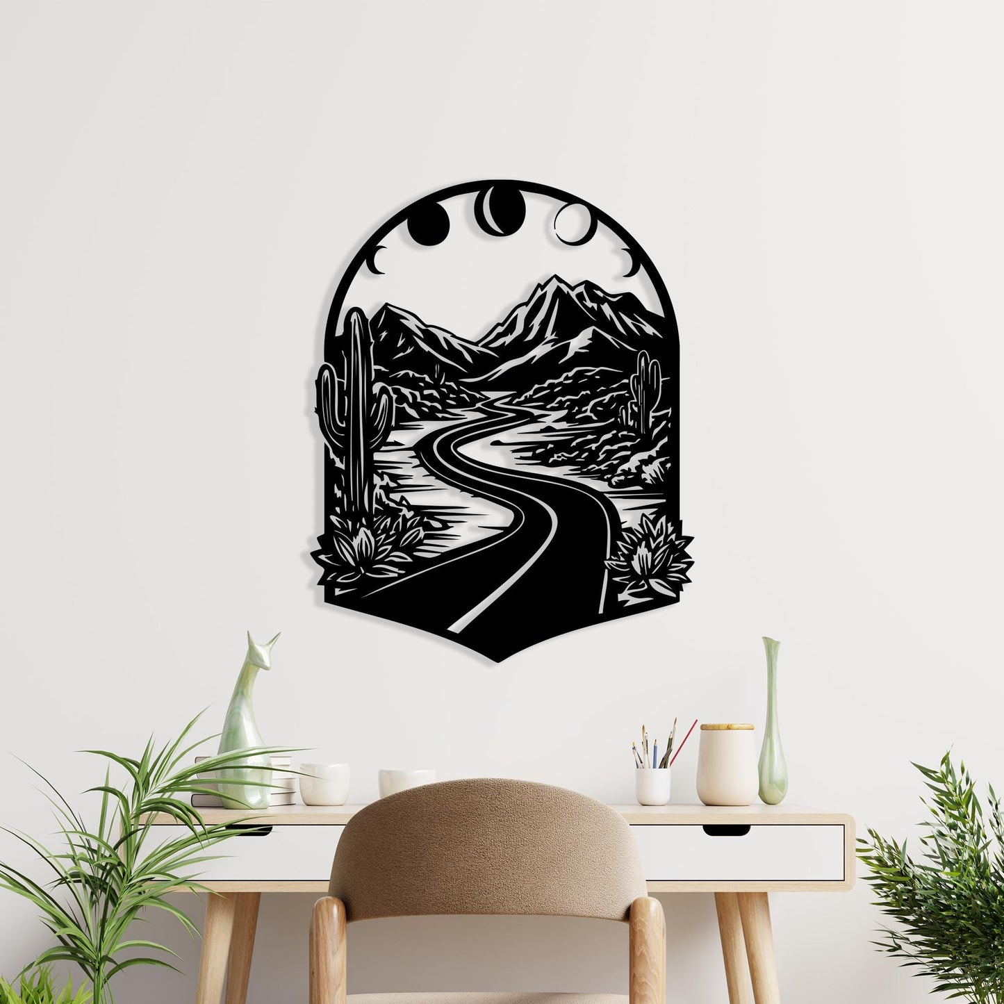 Boho Mountain Road Metal Wall Art, Moon Phases Desert Landscape, Mother's Day | Wallsignature