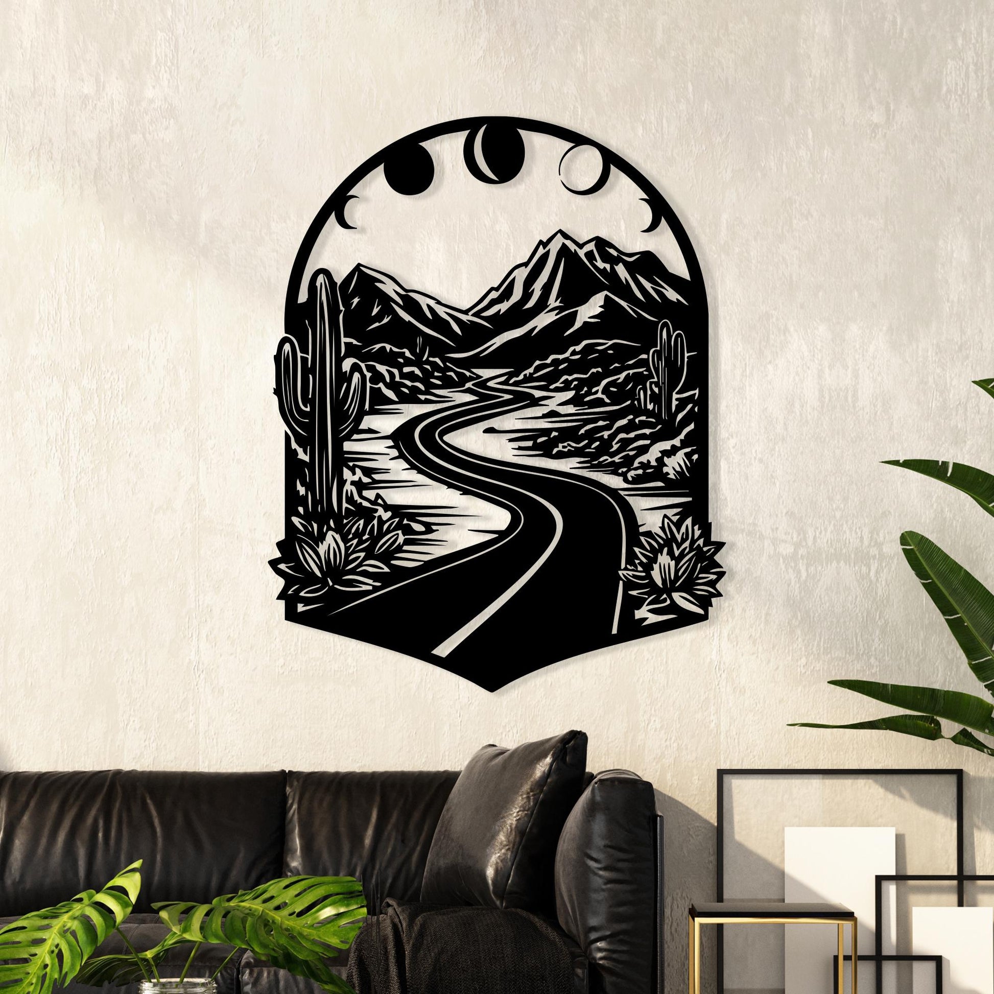 Boho Mountain Road Metal Wall Art, Moon Phases Desert Landscape, Mother's Day | Wallsignature