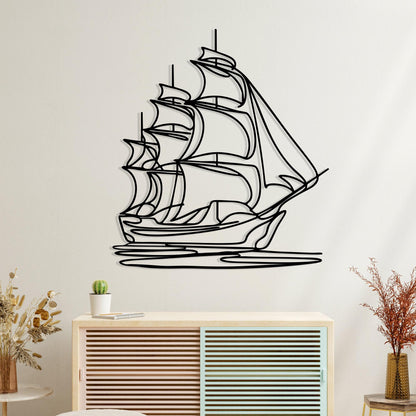 Minimalist Sailboat Metal Wall Art shown on a living room wall