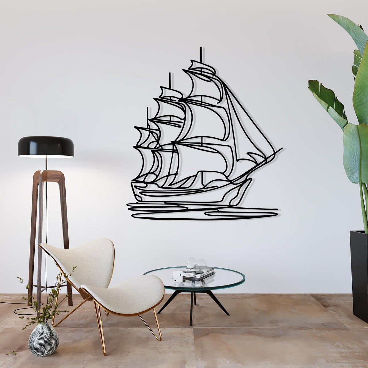 Minimalist Sailboat Metal Wall Art in a modern hallway