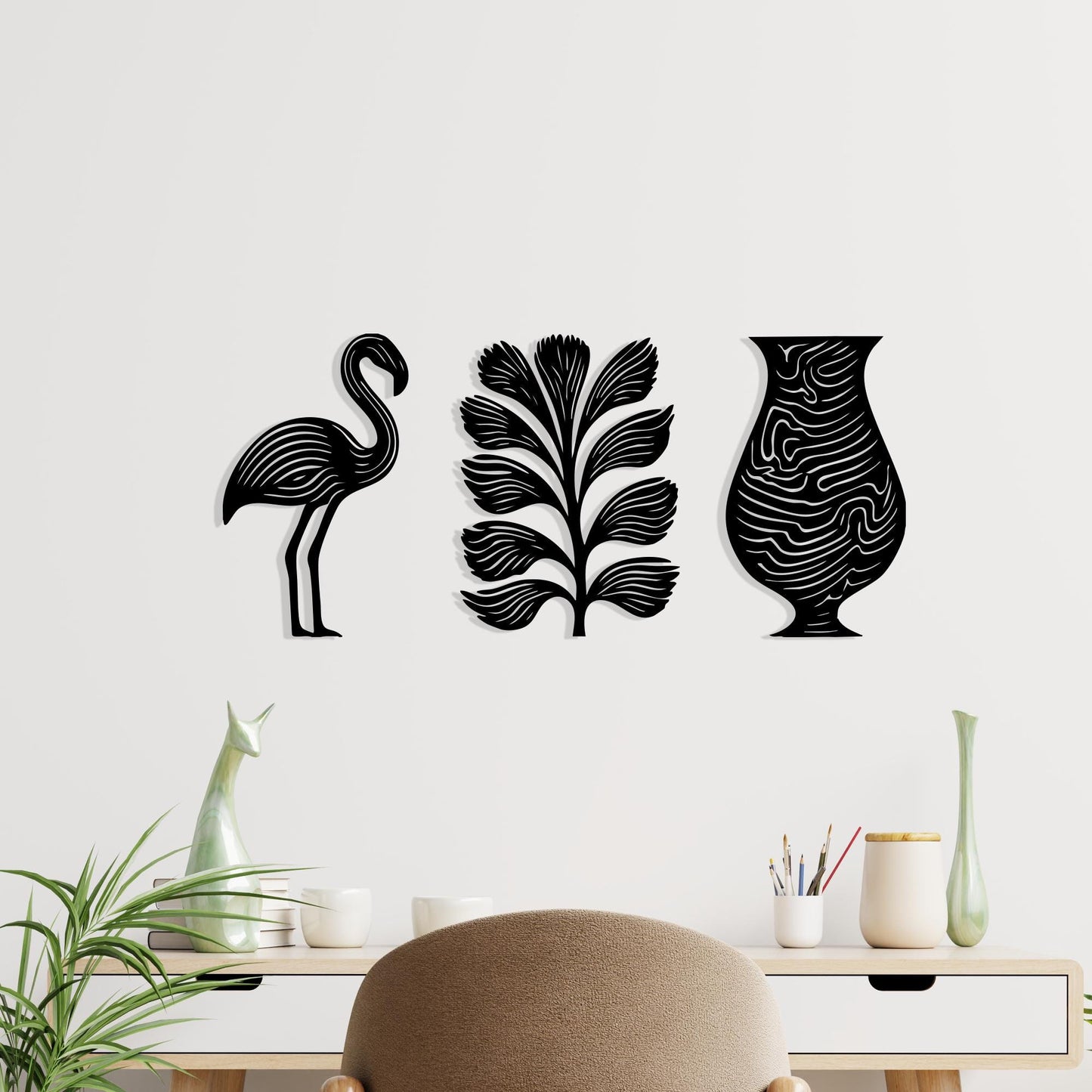 3 Piece Flamingo Tropical Leaf Vase Metal Wall Art hanging hardware and mounting detail