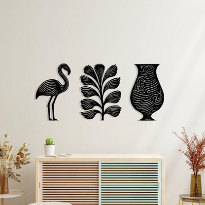 3 Piece Flamingo Tropical Leaf Vase Metal Wall Art bedroom interior styling