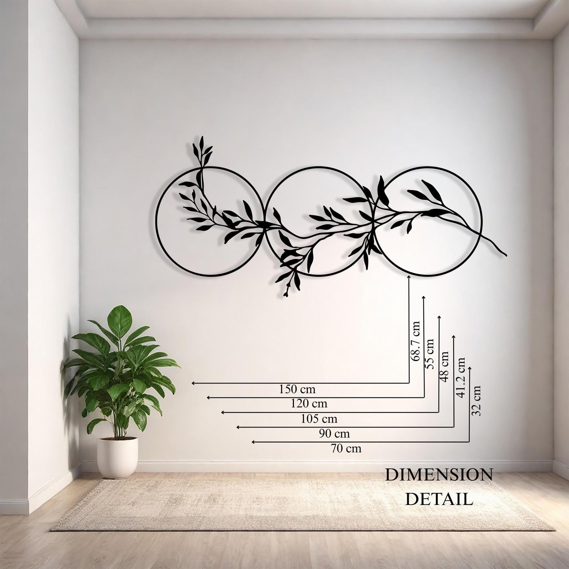 Three Circles Leaf Metal Wall Art in a modern hallway