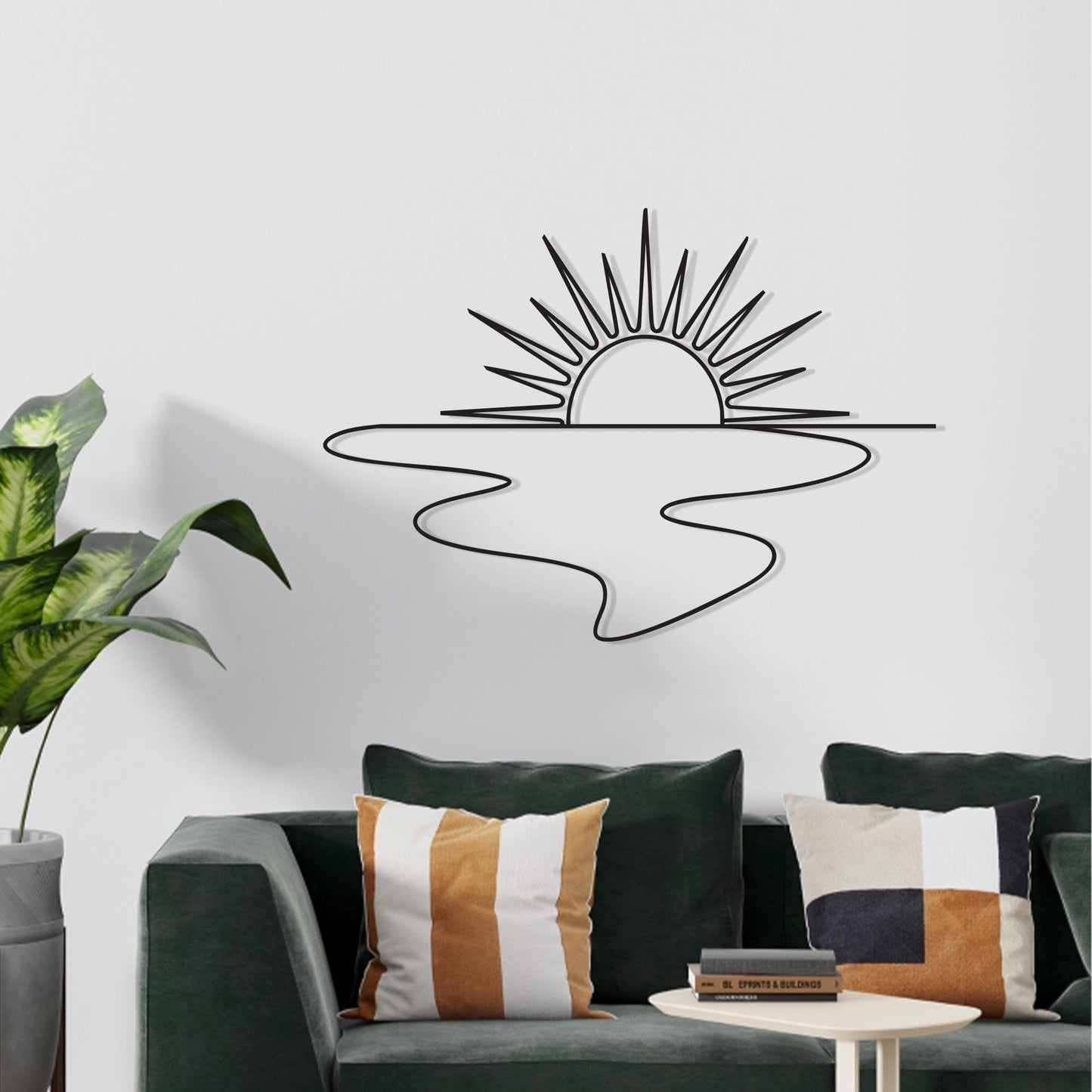 Sunrise Metal Wall Art styled on a living room wall
