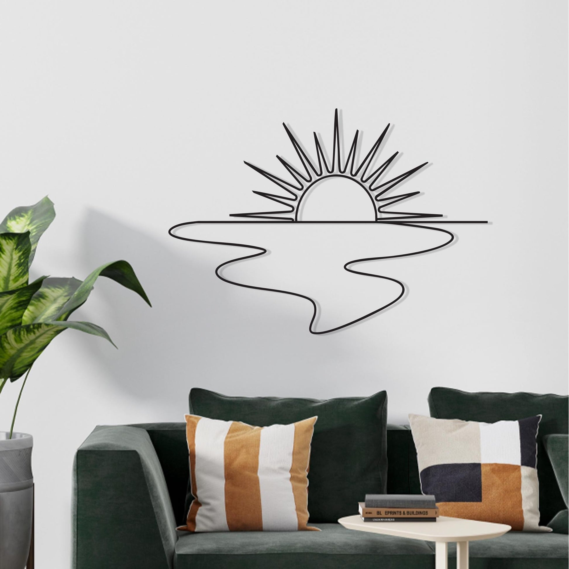 Sunrise Metal Wall Art styled on a living room wall