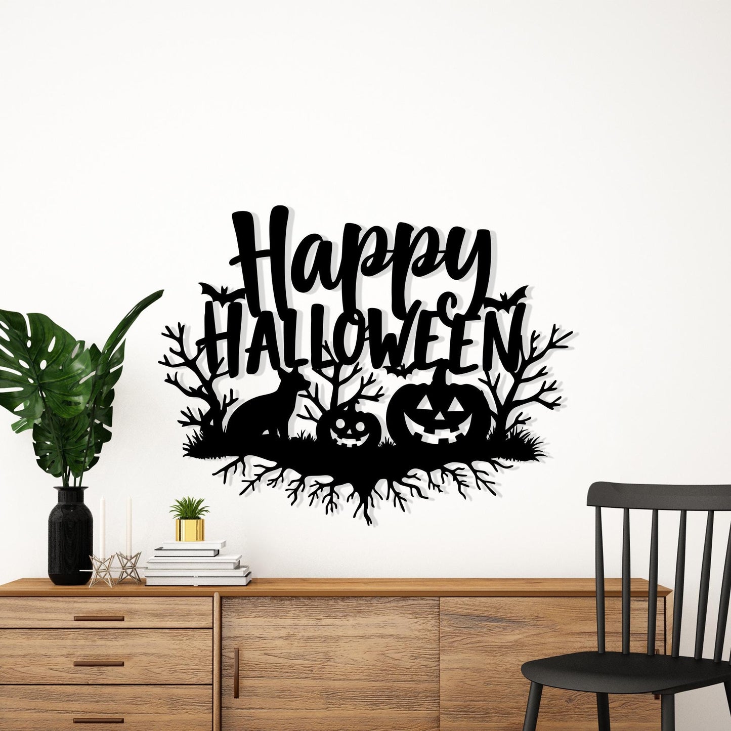 Happy Halloween Metal Wall Art, Black Pumpkin and Fox Decor For Living Room | Wallsignature