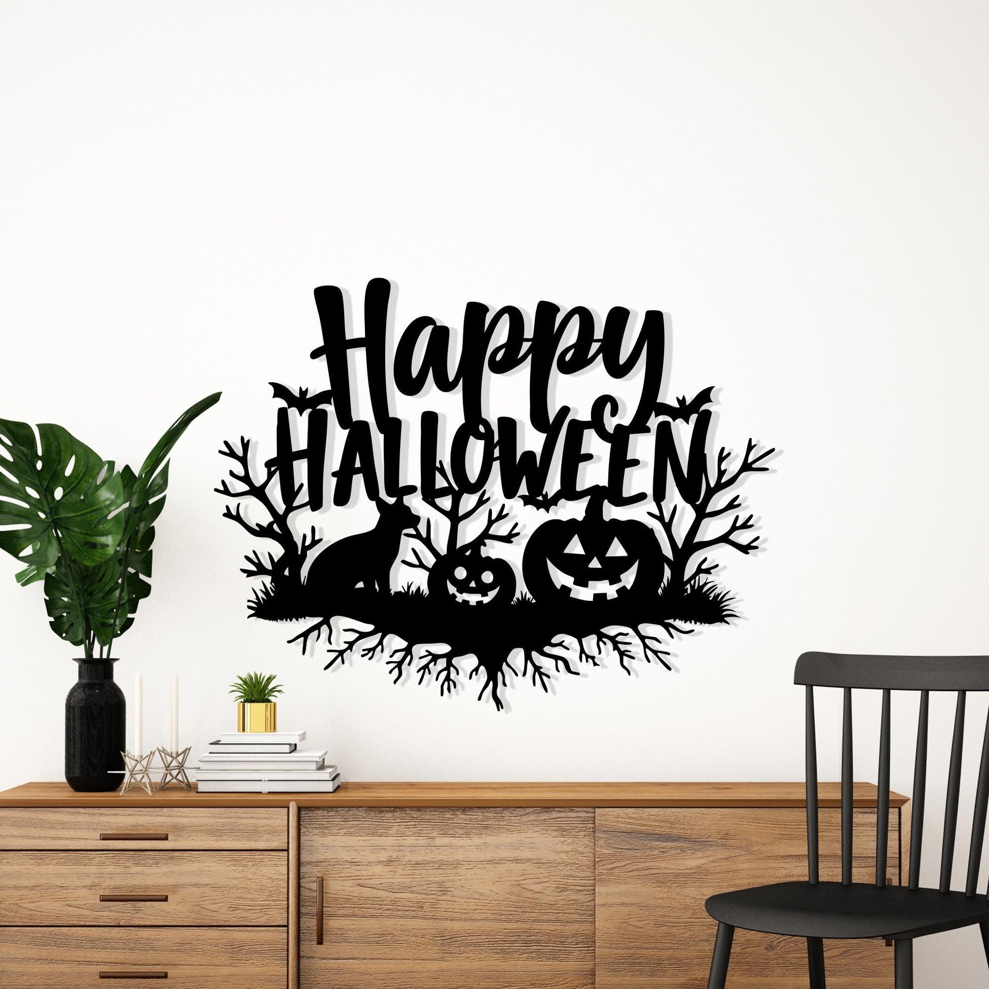 Happy Halloween Metal Wall Art, Black Pumpkin and Fox Decor For Living Room | Wallsignature