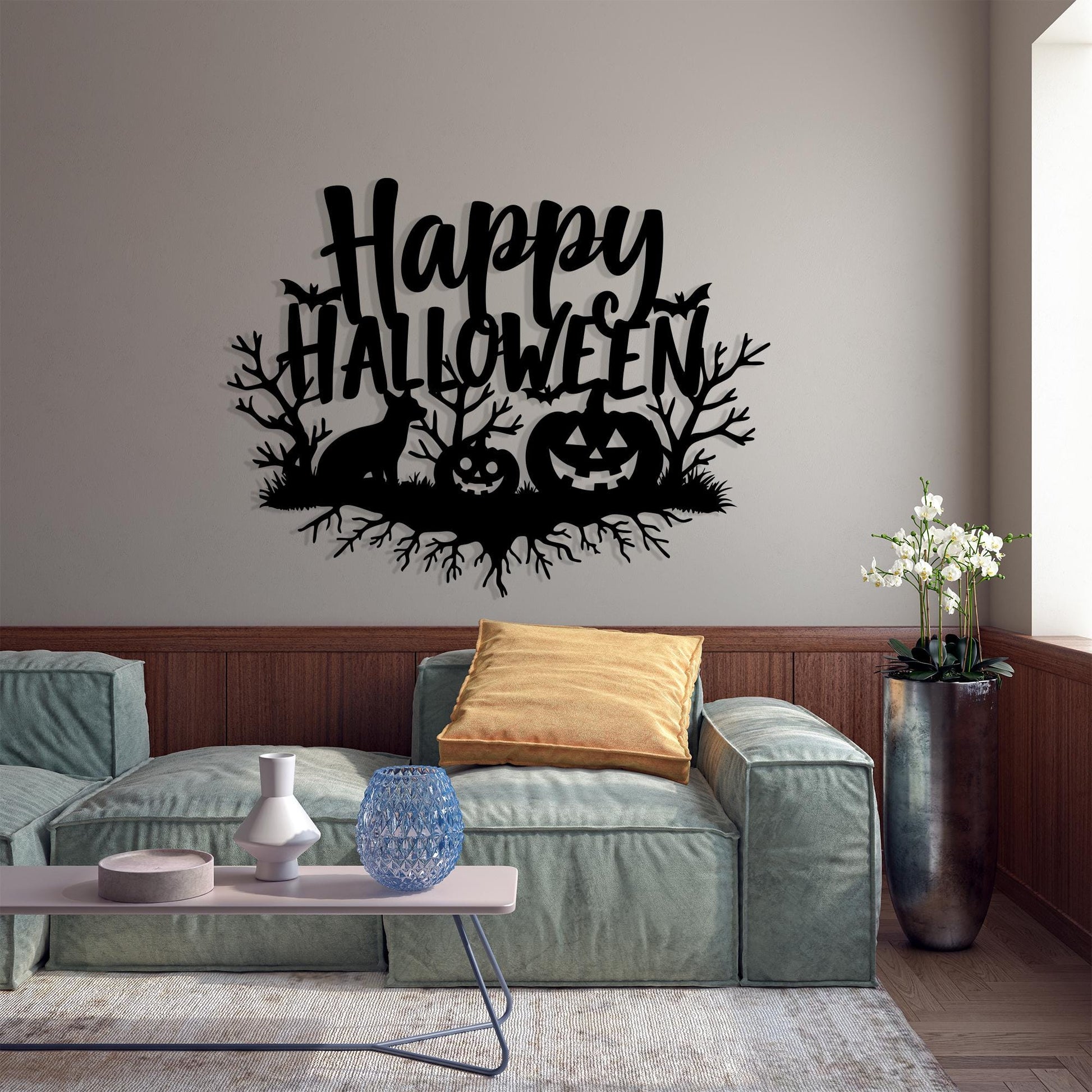 Happy Halloween Metal Wall Art, Black Pumpkin and Fox Decor For Living Room | Wallsignature