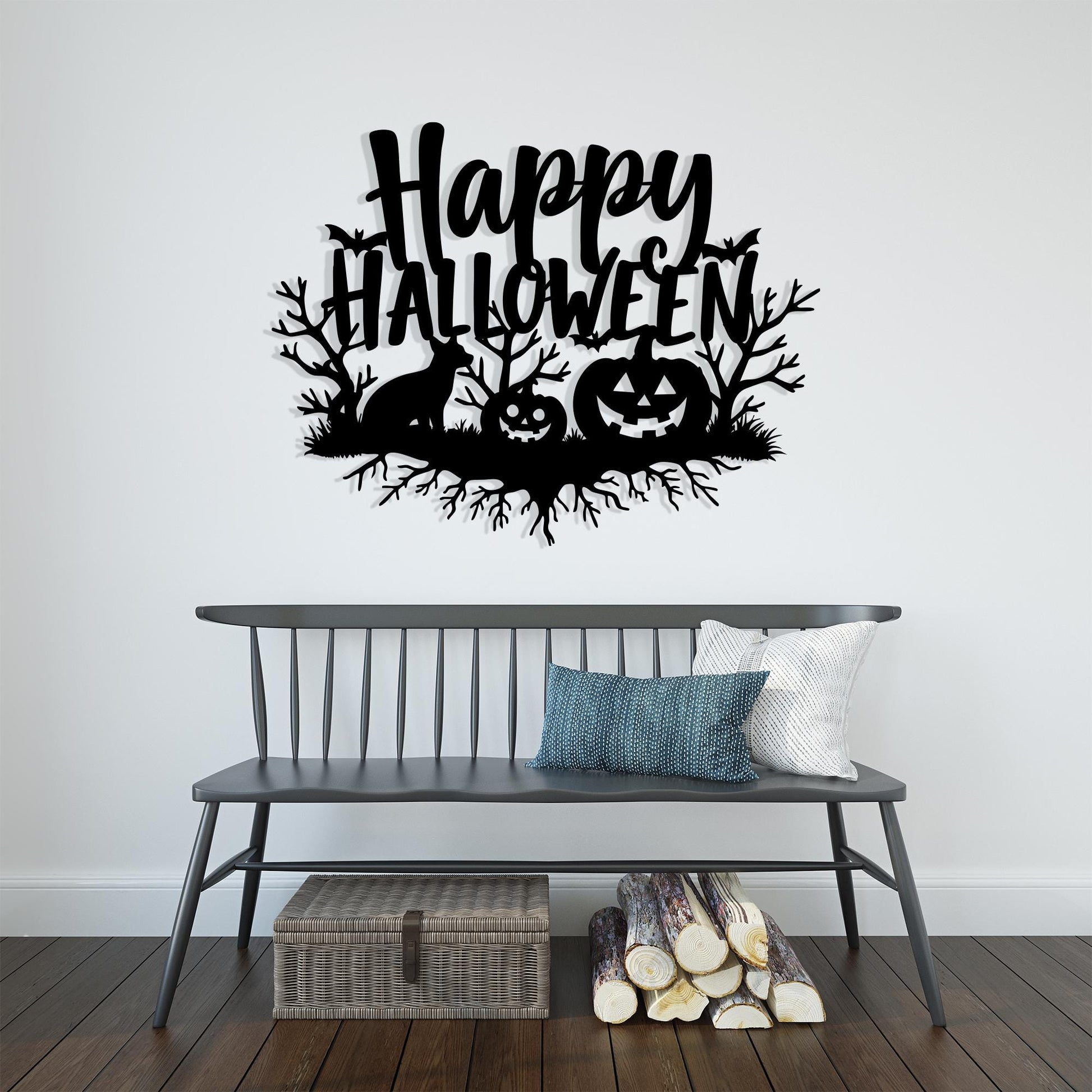 Happy Halloween Metal Wall Art hanging hardware and mounting detail
