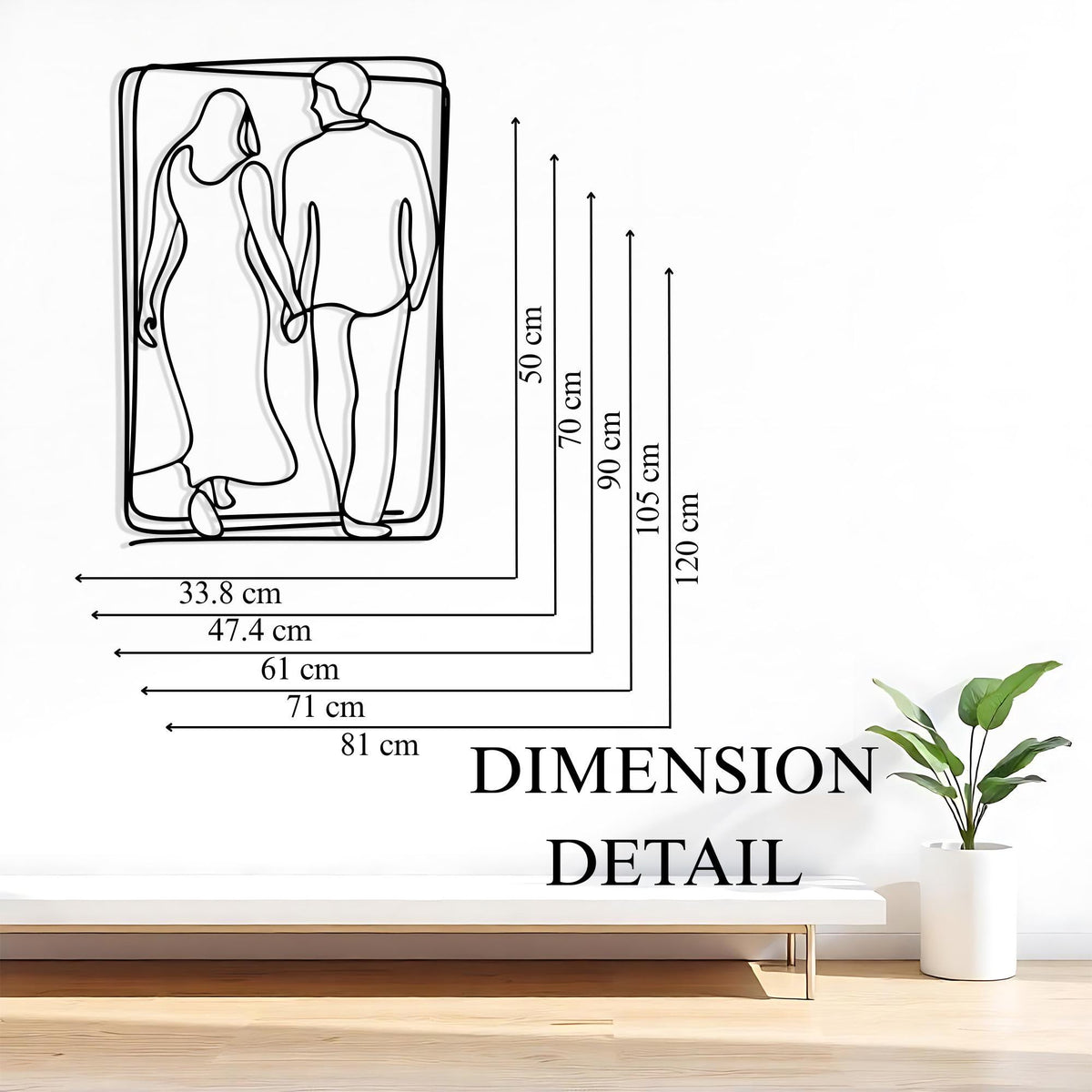 Couple Minimalist Metal Wall Art size guide with dimensions in cm and inches