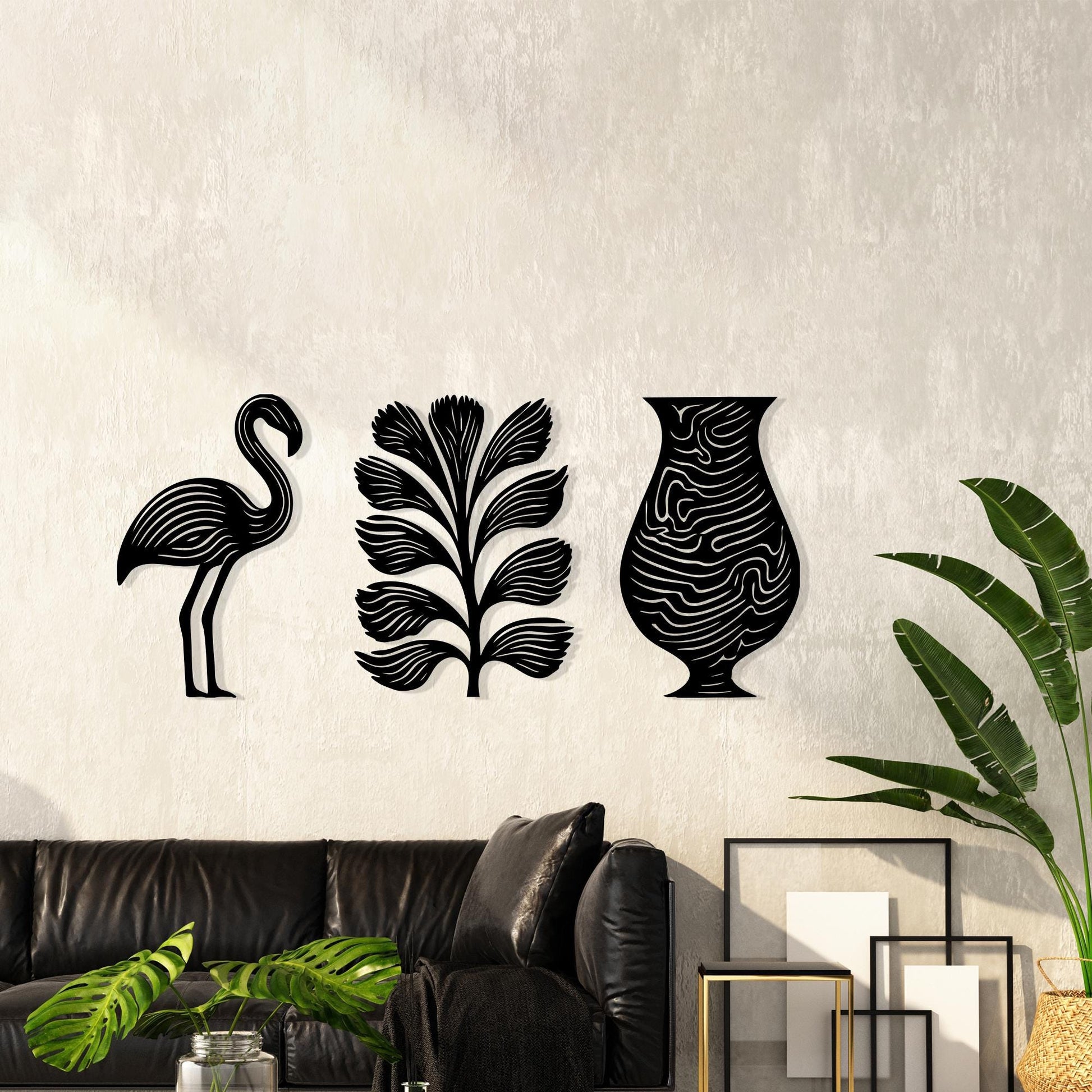 3 Piece Flamingo Tropical Leaf Vase Metal Wall Art, Line Decor | Wallsignature