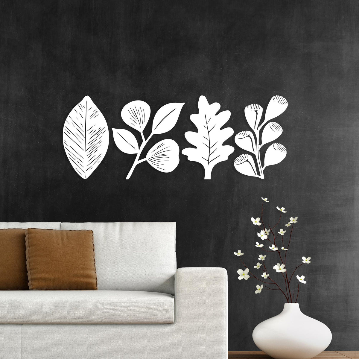 Minimalist Metal Leaf Wall Art Set of 4 hanging hardware and mounting detail