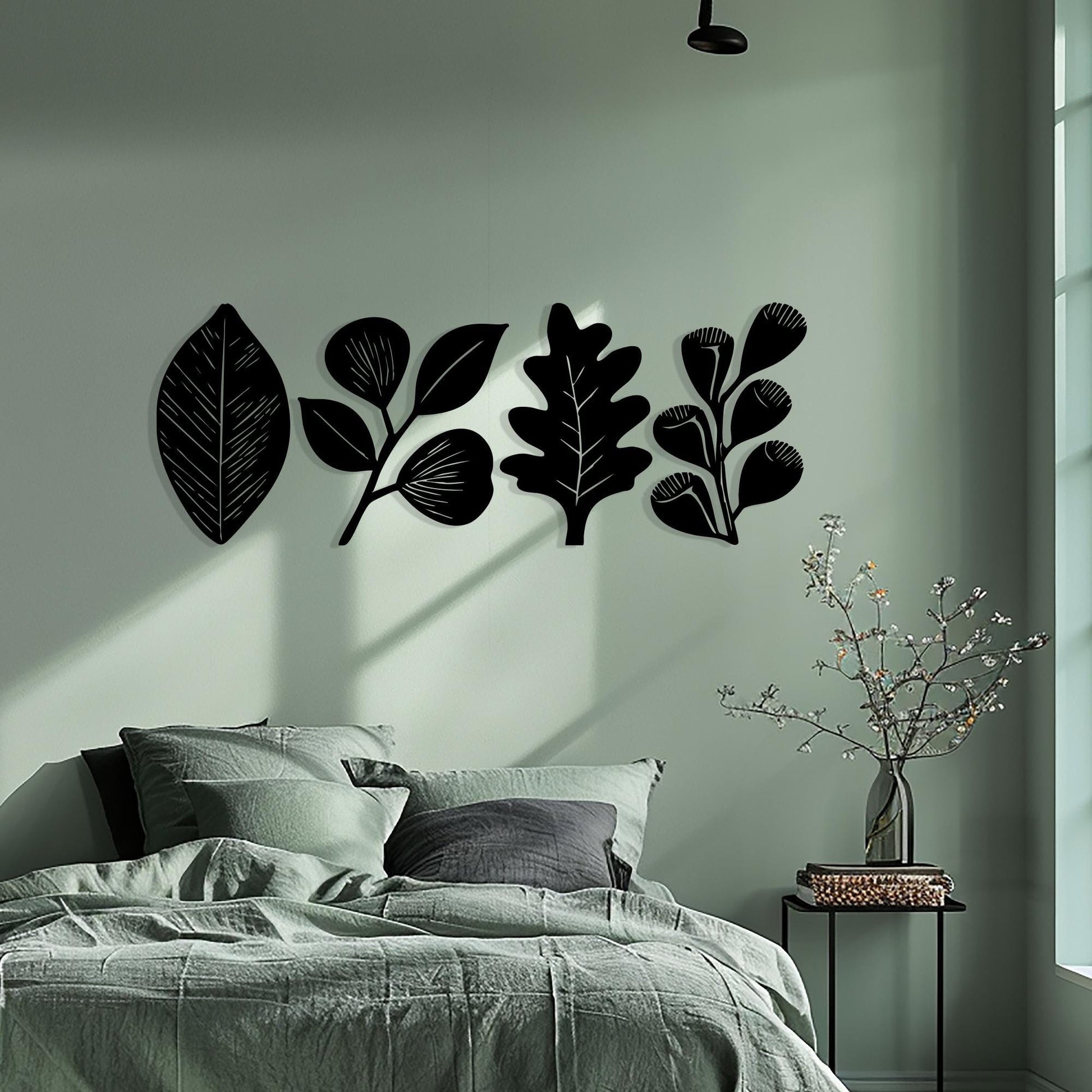 Minimalist Metal Leaf Wall Art Set of 4 in a modern hallway