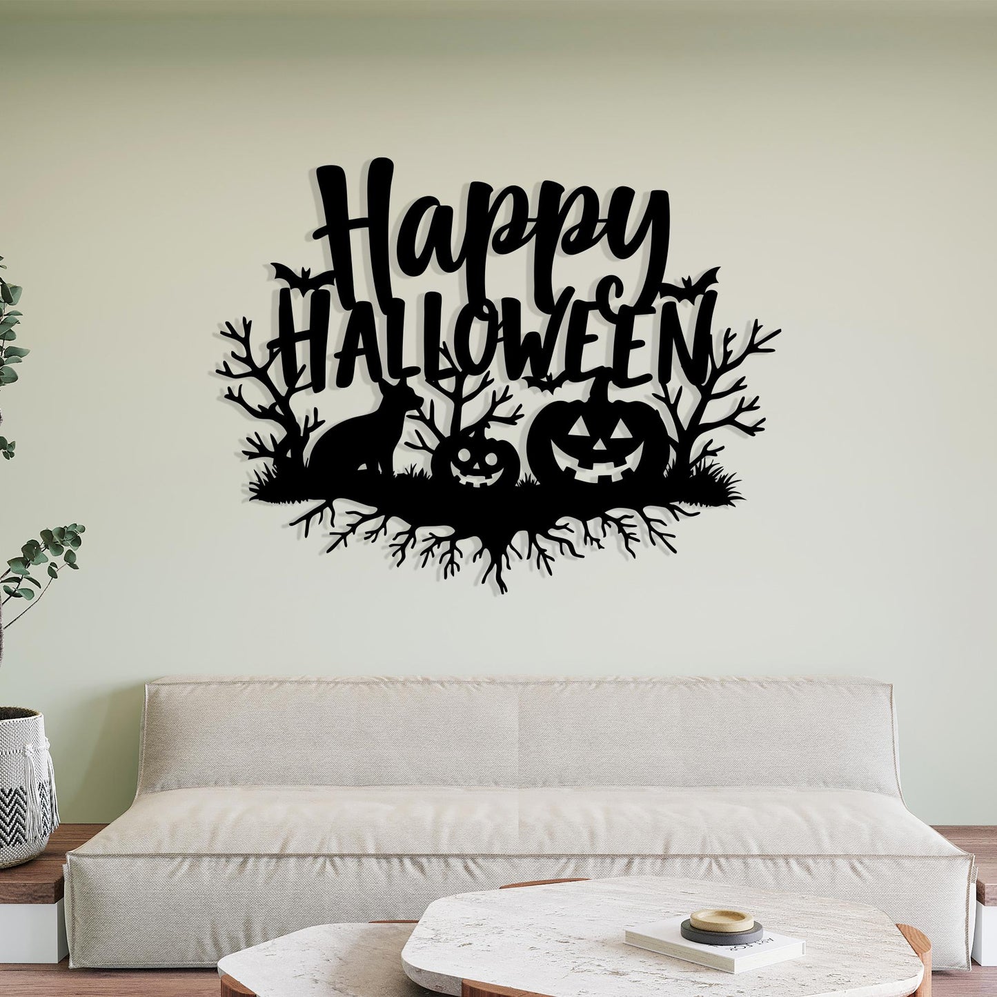 Happy Halloween Metal Wall Art, Black Pumpkin and Fox Decor For Living Room | Wallsignature