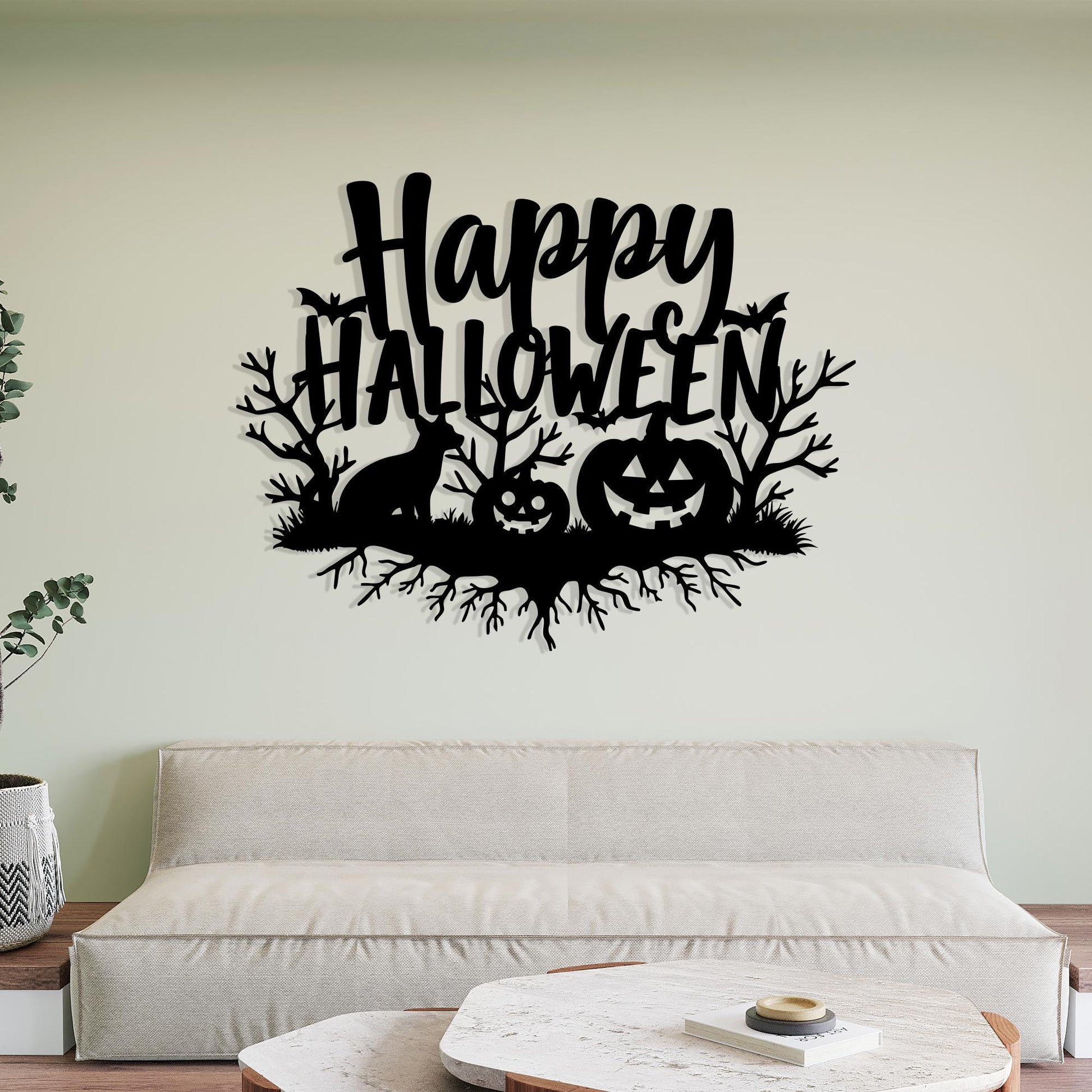 Happy Halloween Metal Wall Art, Black Pumpkin and Fox Decor For Living Room | Wallsignature