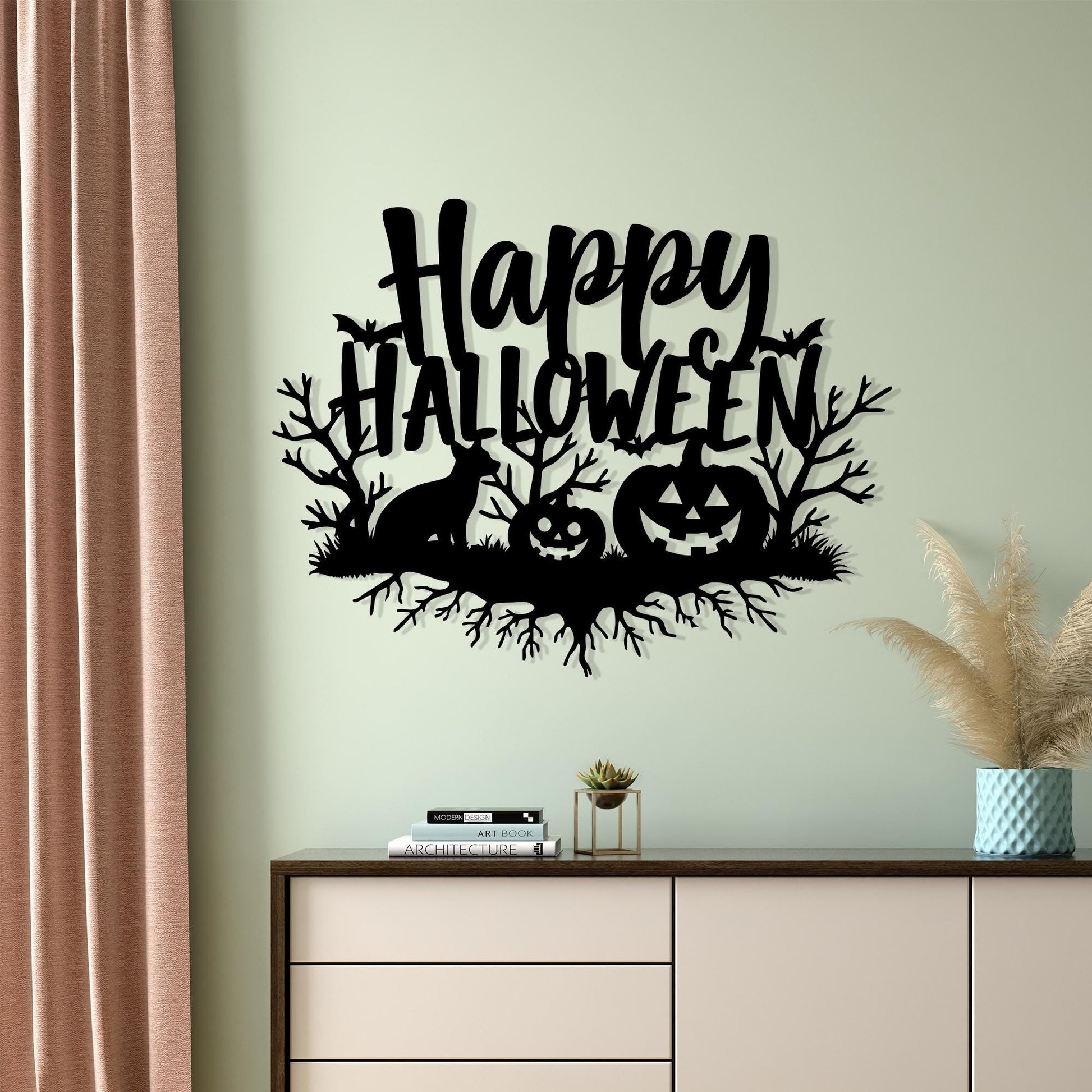 Happy Halloween Metal Wall Art in a modern hallway