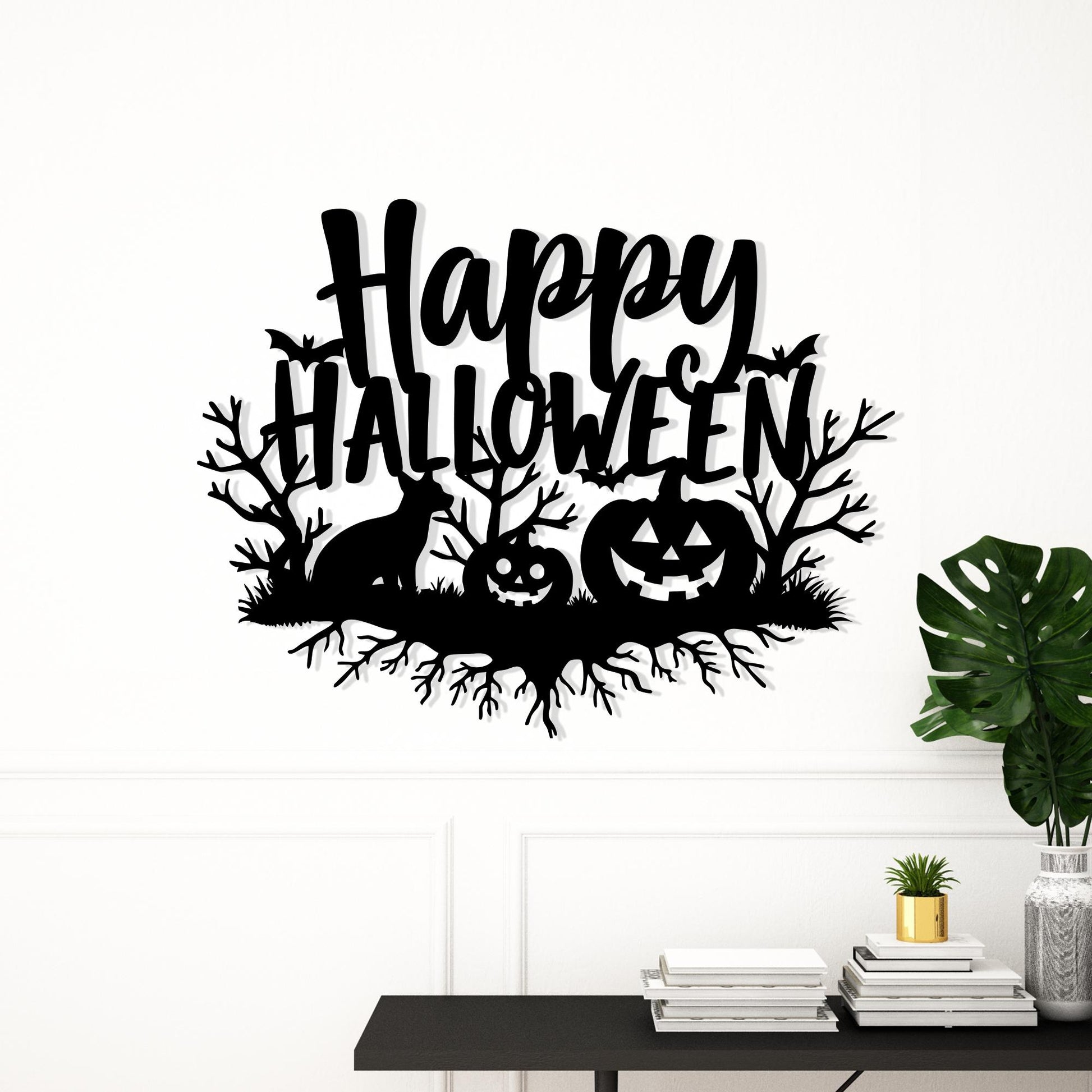 Happy Halloween Metal Wall Art, Black Pumpkin and Fox Decor For Living Room | Wallsignature