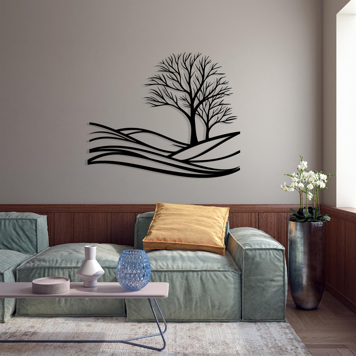 Minimalist Tree Metal Wall Art hanging hardware and mounting detail