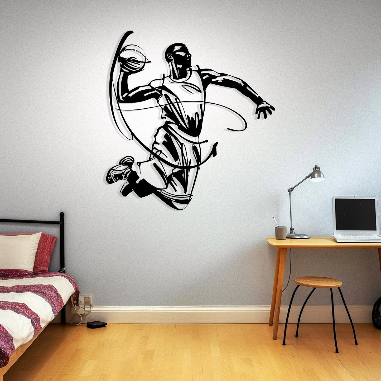 Basketball Player Metal Wall Art size guide with dimensions in cm and inches