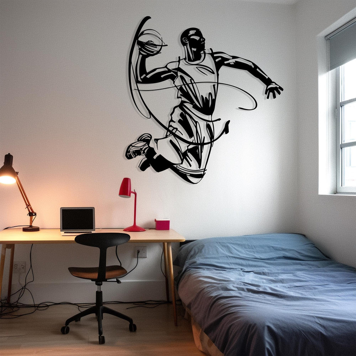 Basketball Player Metal Wall Art shown on a living room wall
